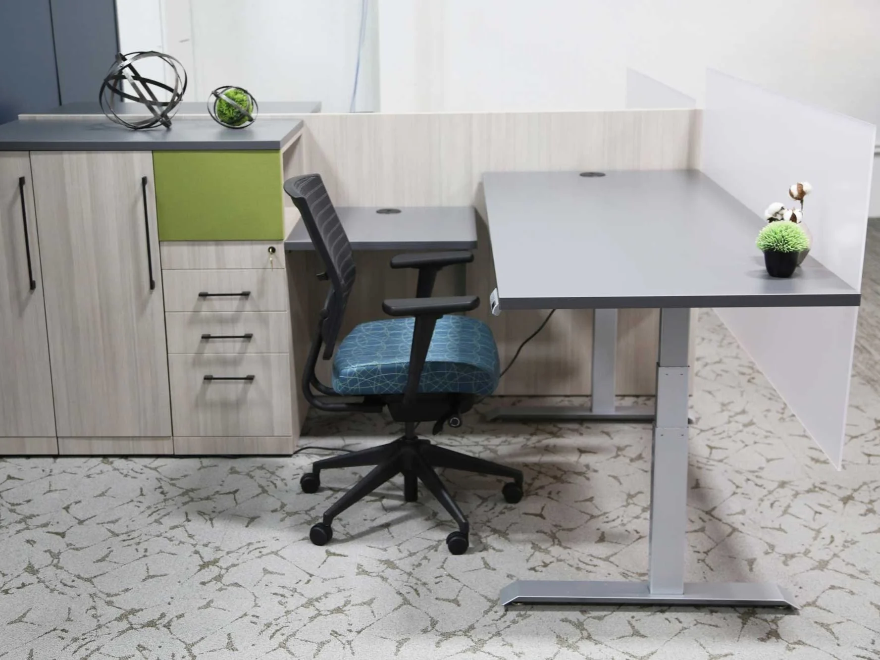 Custom office workstations with sit-stand desk and storage