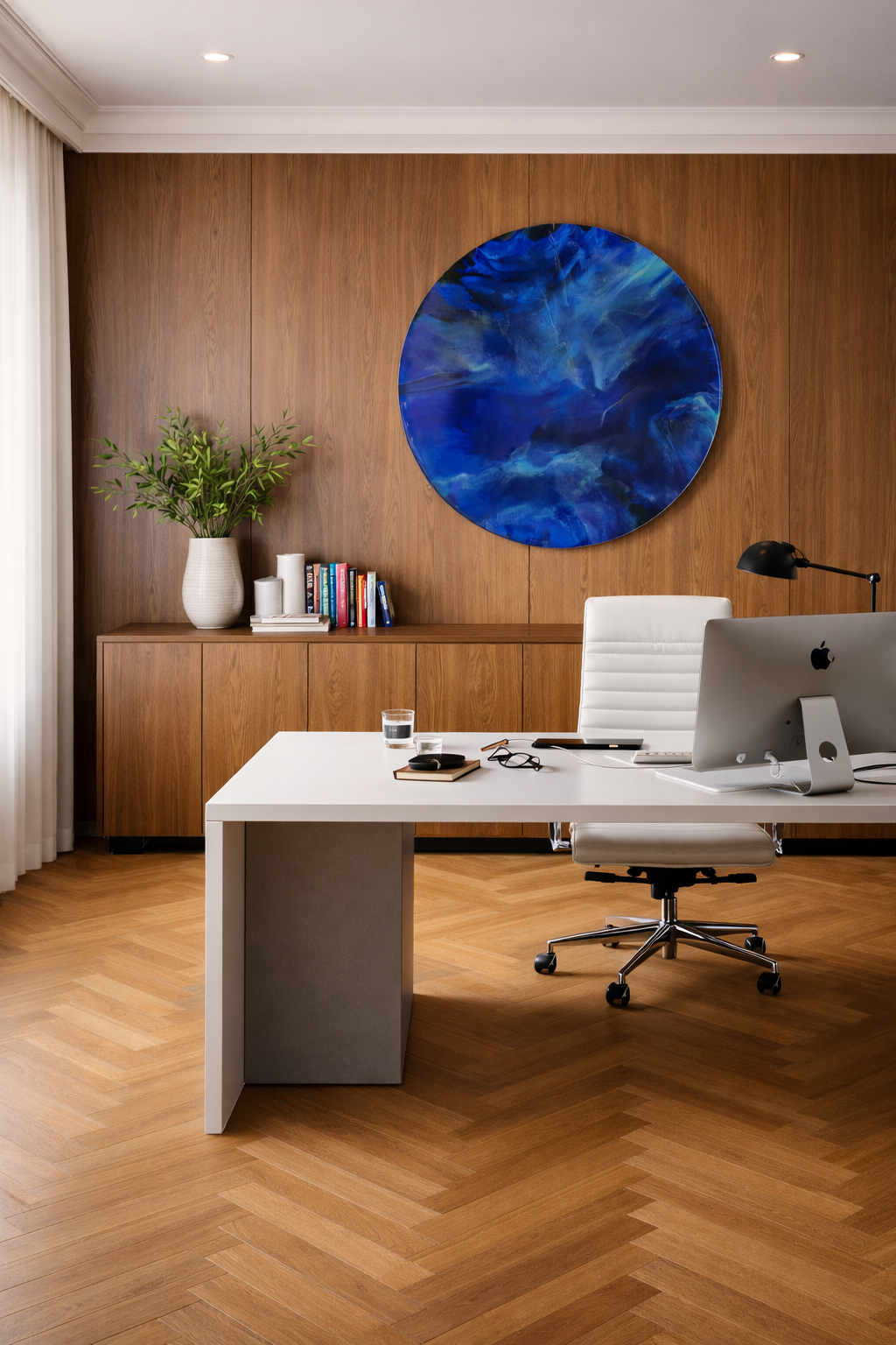 Chef Büro mit einem Kunstwerk hinter dem Schreibtisch