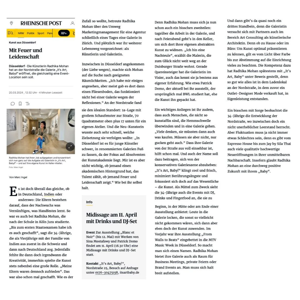 Zeitungsartikel Rheinische Post über Düsseldorfer Galerie und Galeristin Radhika Mohan