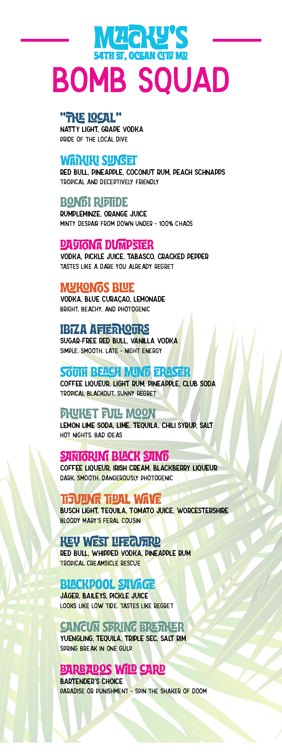 Menu titled "Macky's Bomb Squad" with various cocktail names and ingredients against a background with green palm leaves.