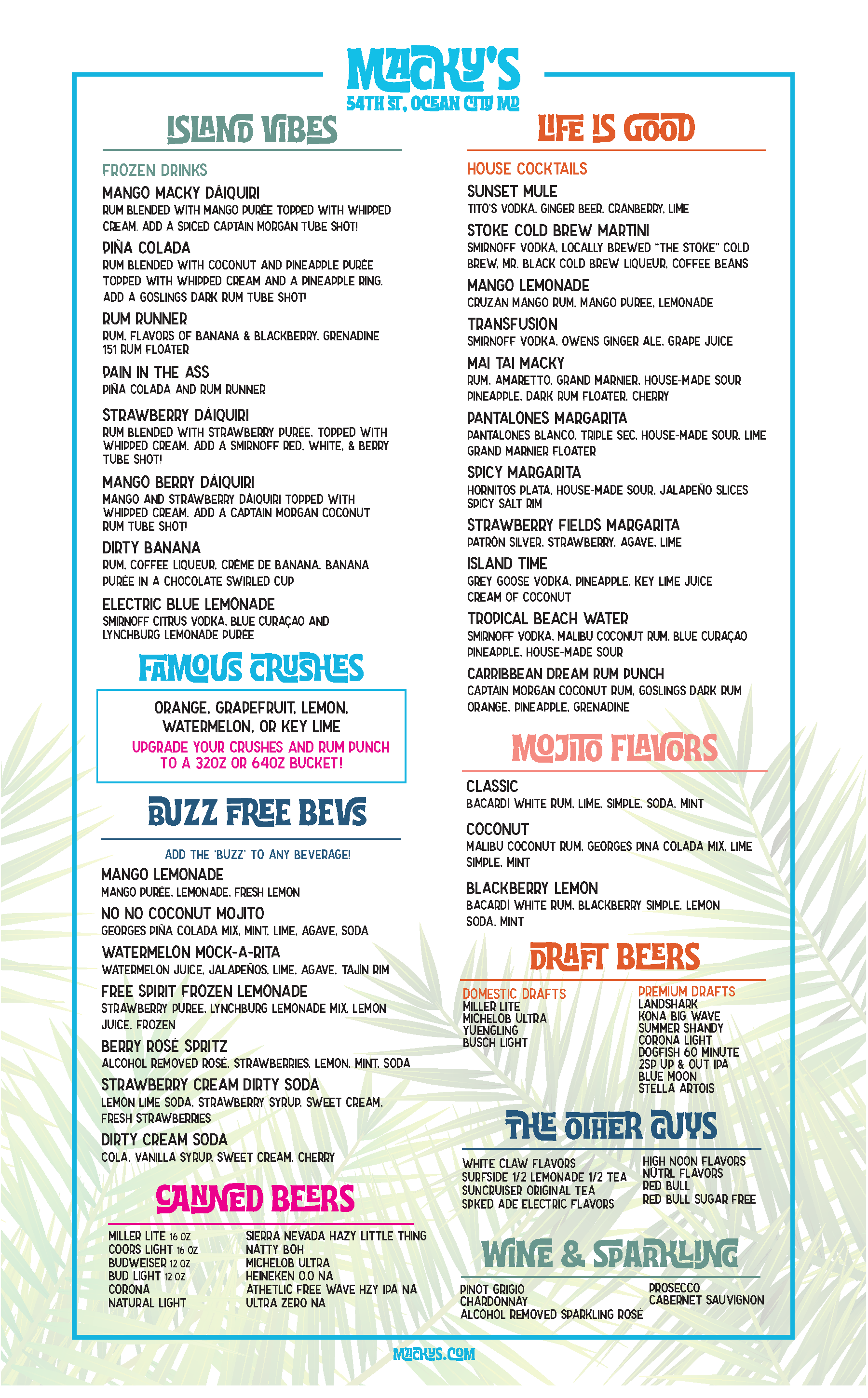 Restaurant menu for Macky's in Ocean City, MD, offering drinks, cocktails, beers, wine, and sparkling beverages with sections for island vibes and mojito flavors.