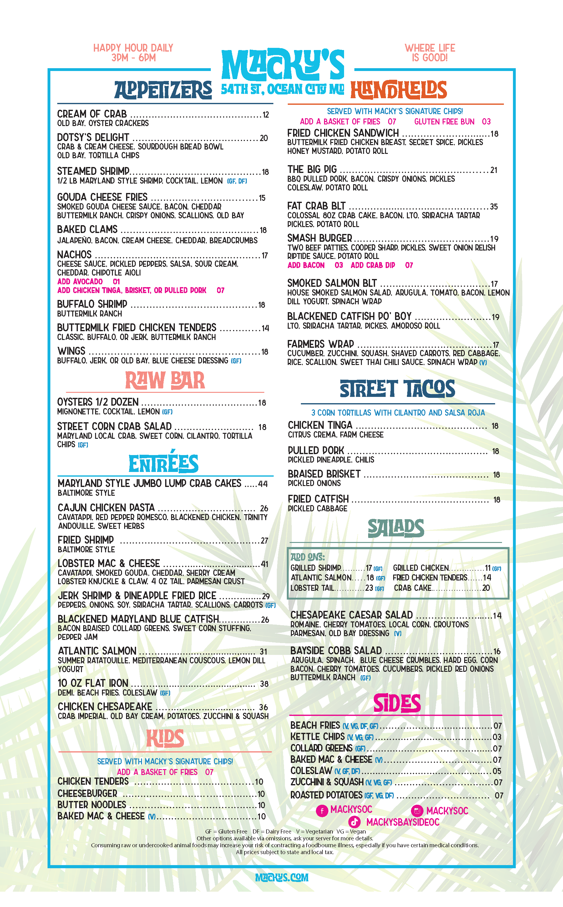 Menu from Macky's Ocean City, Maryland, featuring appetizers, entrees, raw bar, street tacos, sides, and kids' options with prices.