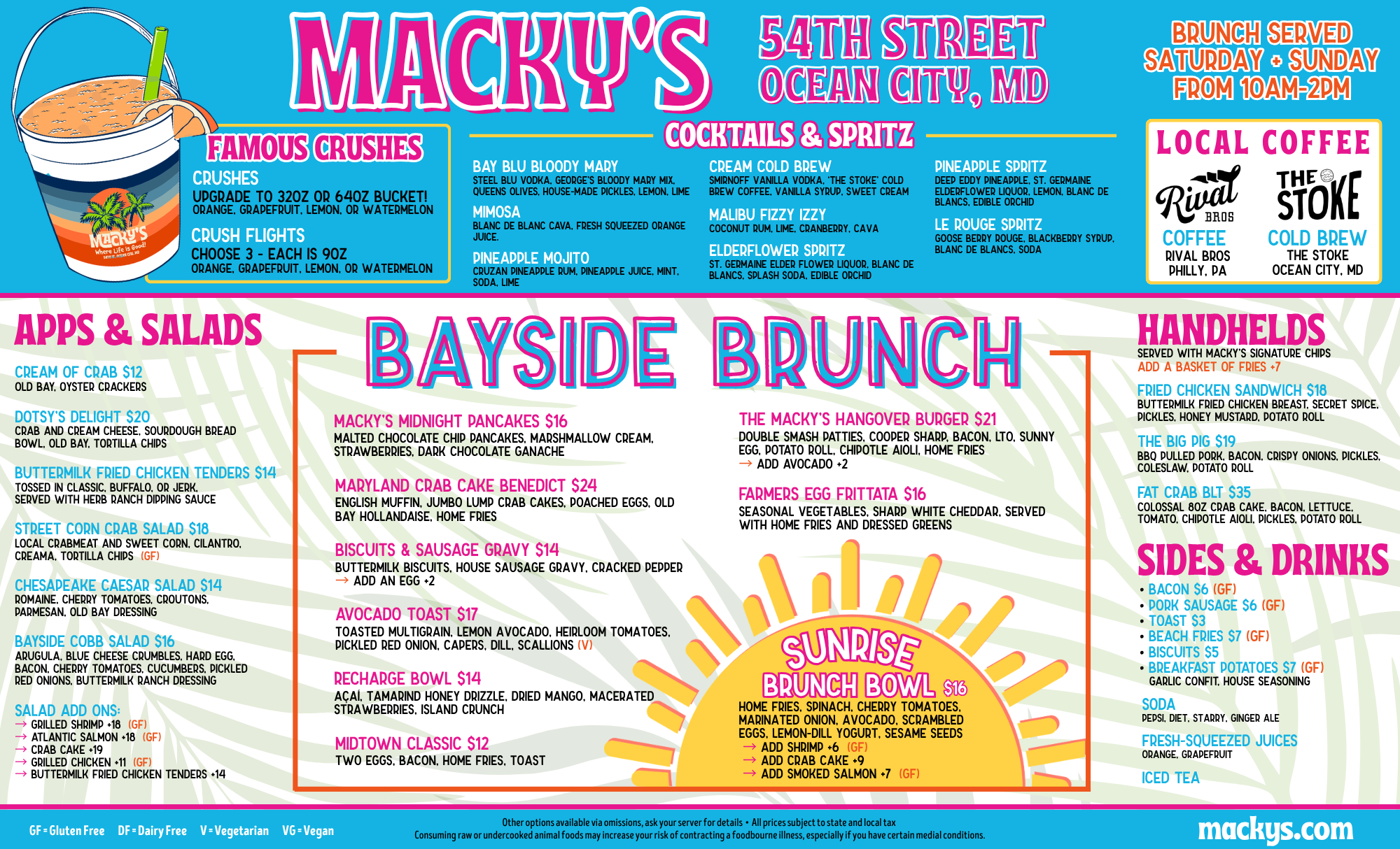 A colorful restaurant menu from Macky's in Ocean City, Maryland, featuring drinks, apps, salads, side dishes, and brunch options, with bright text and graphics.