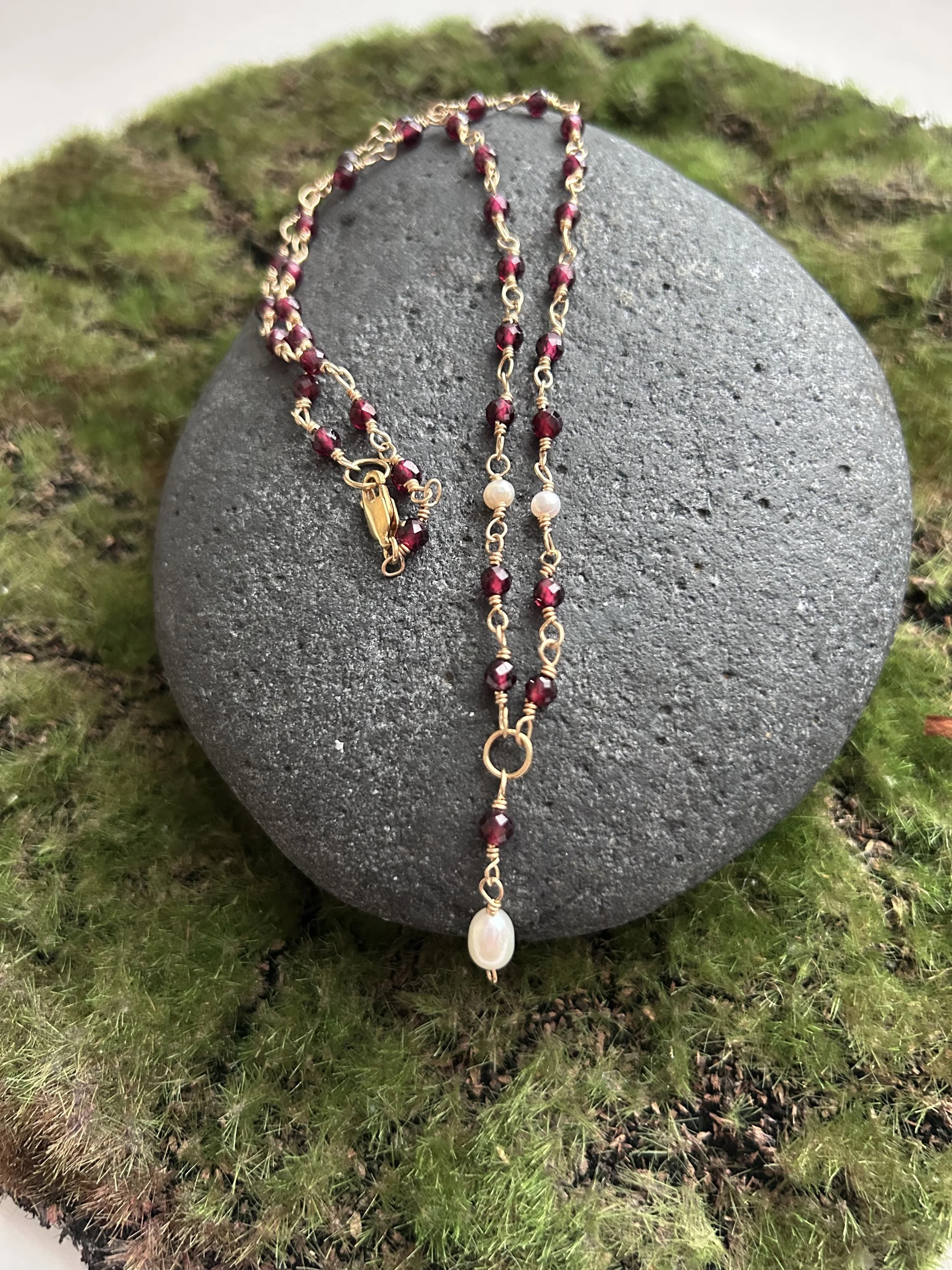 Necklace- 14/20 gold fill, garnet, pearl