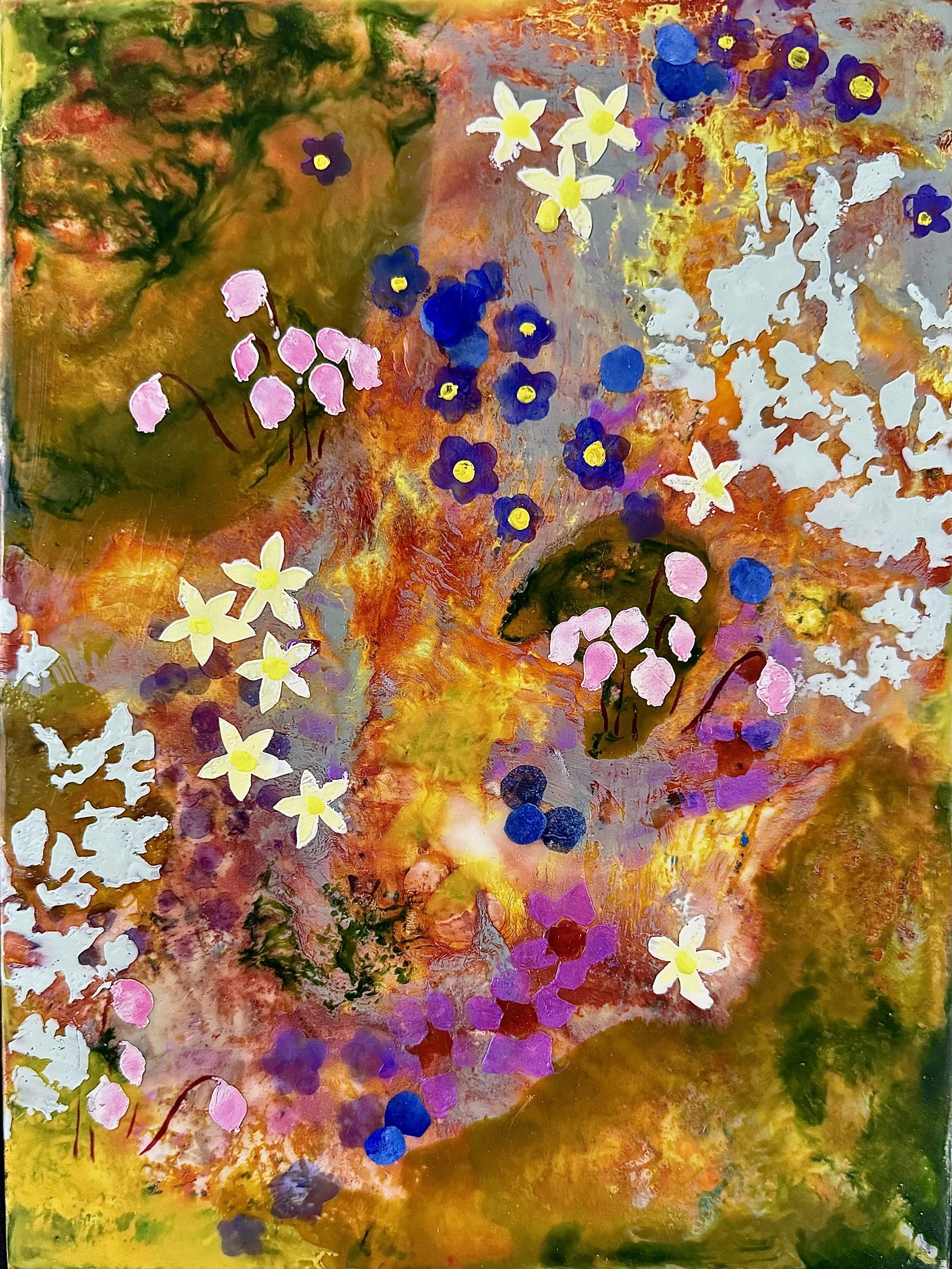 Fairy Tree Garden, 2026, Encaustic, pastel, handmade waxed paper on wood panel, 12 x 9 inches