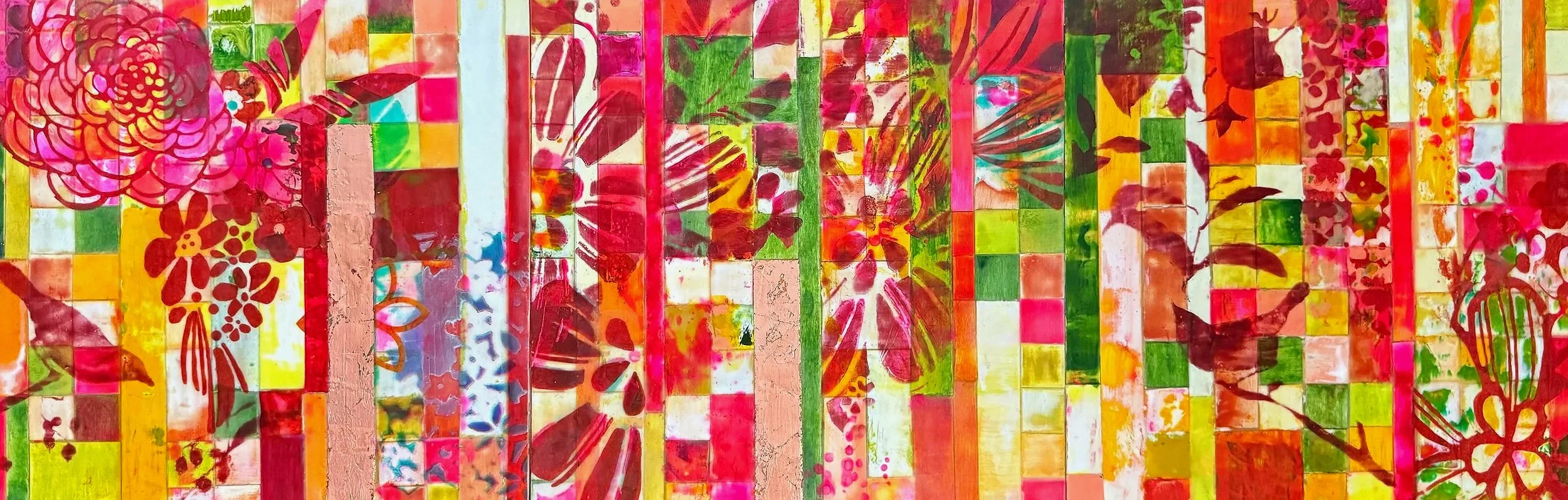 Hot Pink Tapestry 12"x36" encaustic, pastel, collage on wood