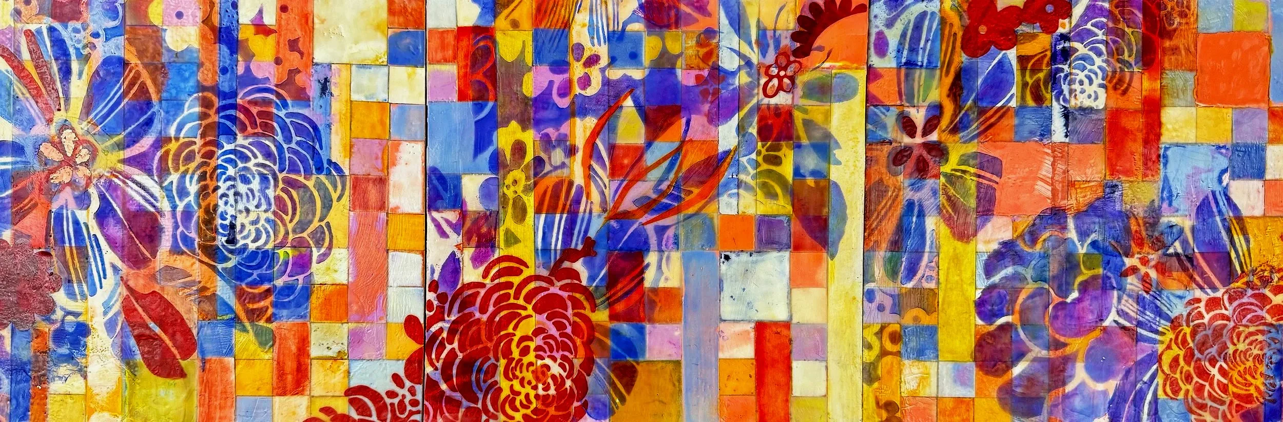 Exploding Bouquet 12"x36" encaustic, pastel, collage on wood