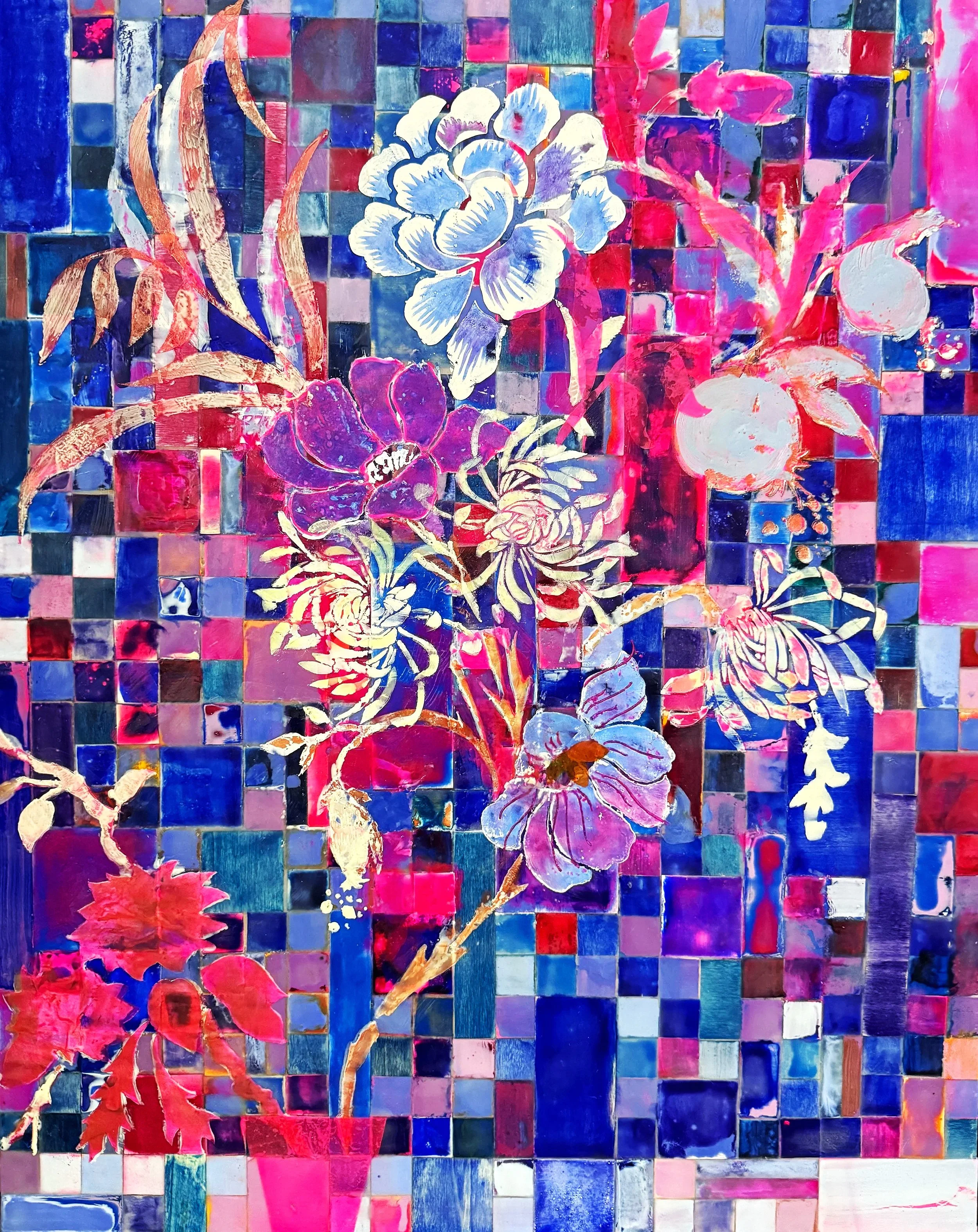 Winter Bouquet 30"x24" encaustic, pastel, collage on wood 