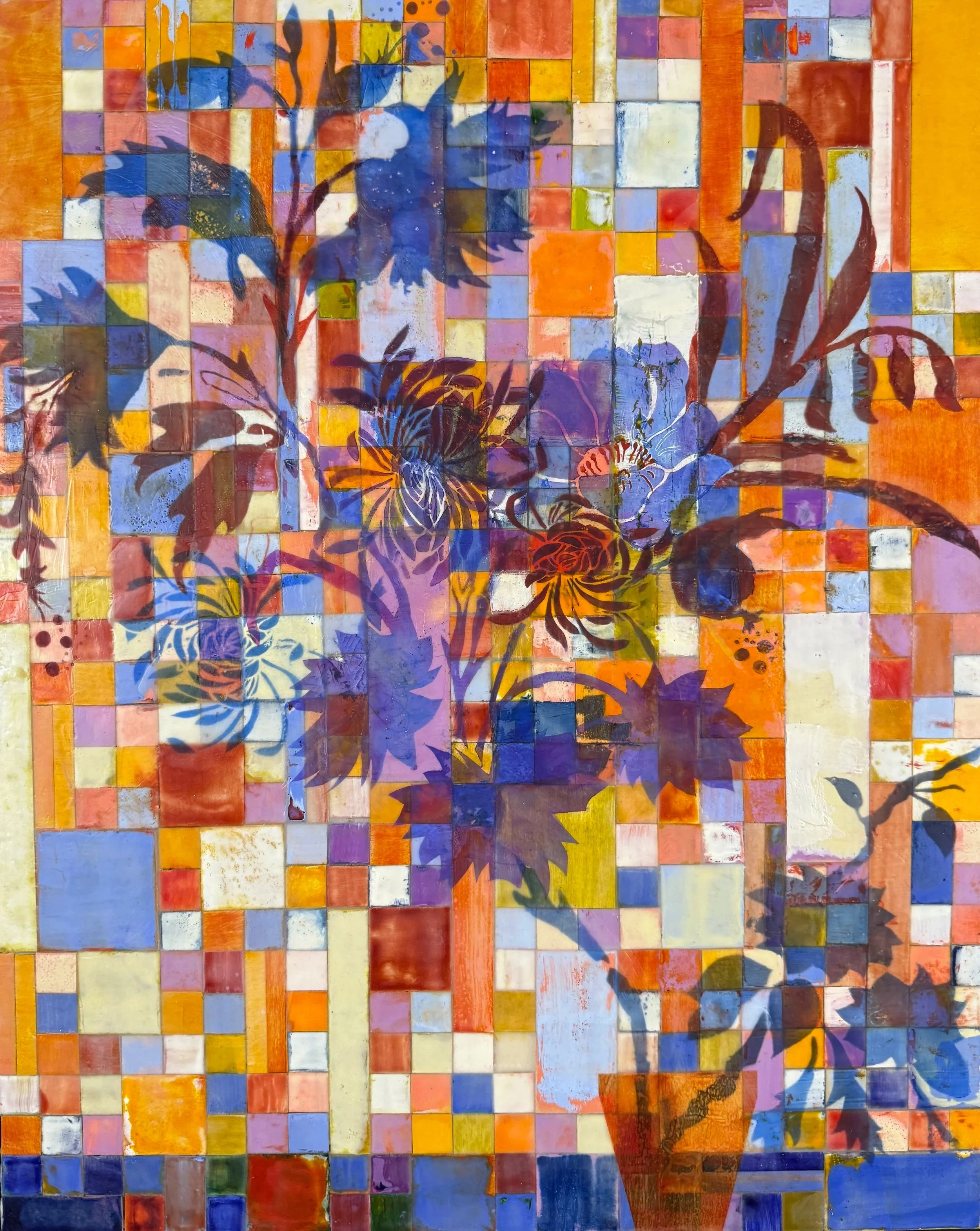 Handmade Bouquet 30"x24" encaustic, pastel, collage on wood