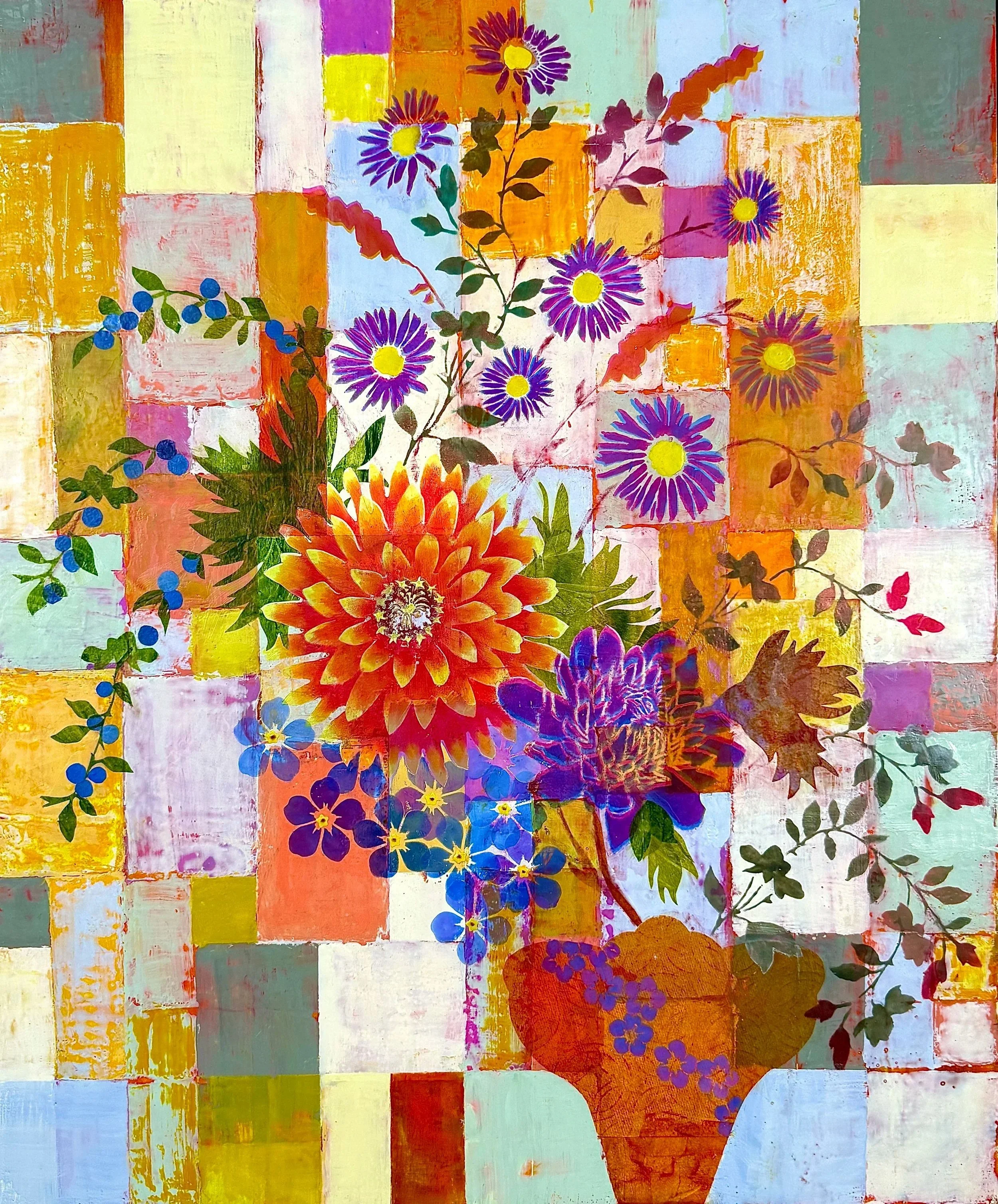 Wildflowers Don't Care Where They Grow, 36x30" Encaustic, pastel, handmade wax paper on wood panel
