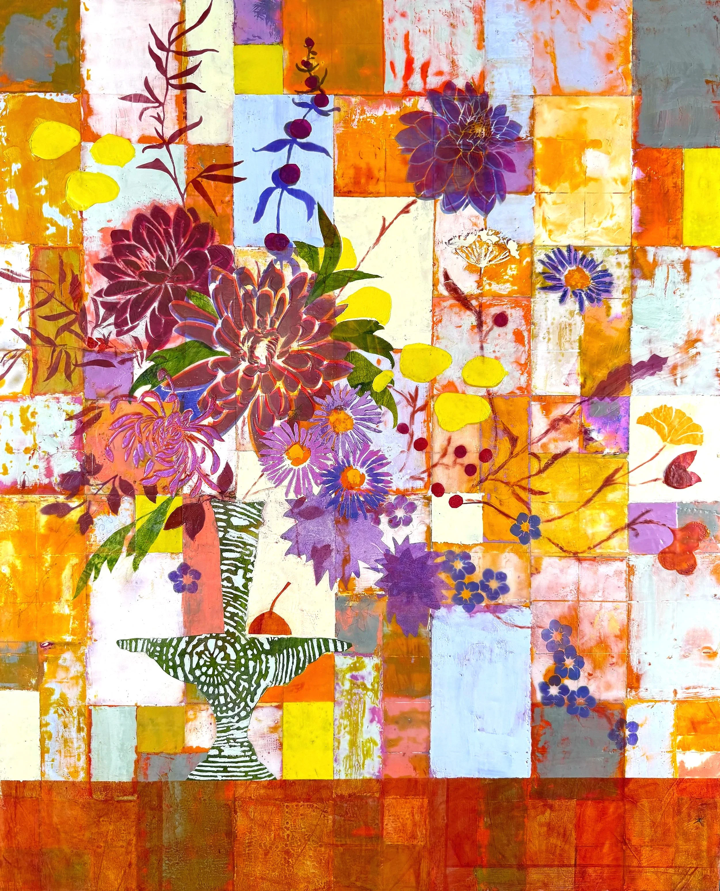 Sanguine Bouquet 36x30" Encaustic, pastel, handmade wax paper on wood panel