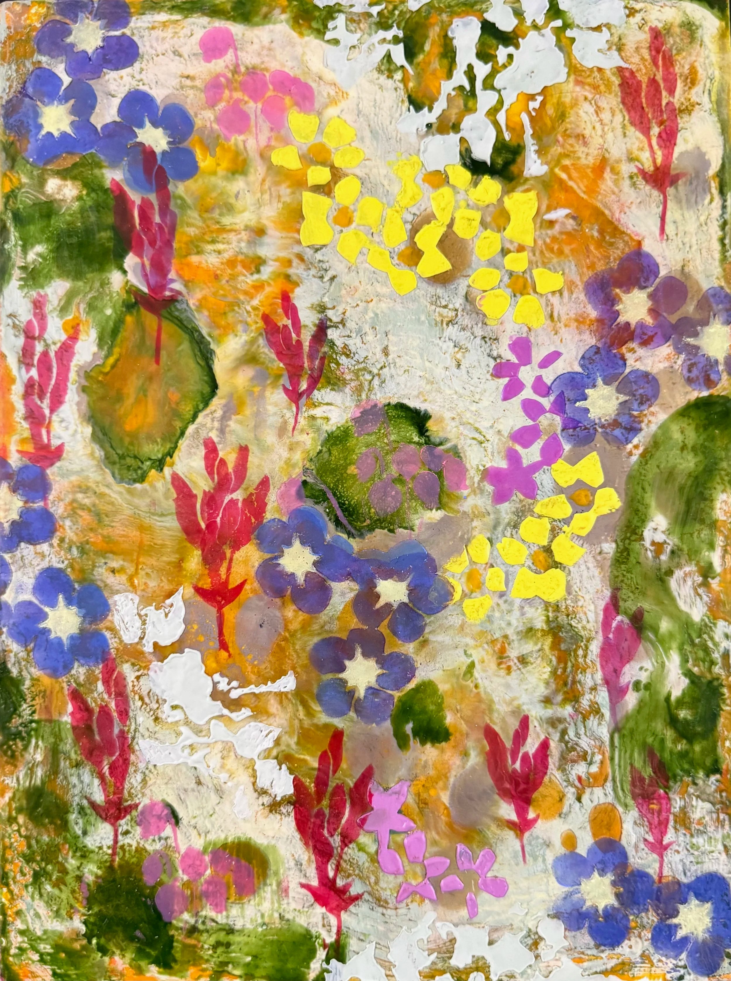 Dance of the Tundra Flowers, 2026, Encaustic, pastel on wood panel, 12 x 9 inches