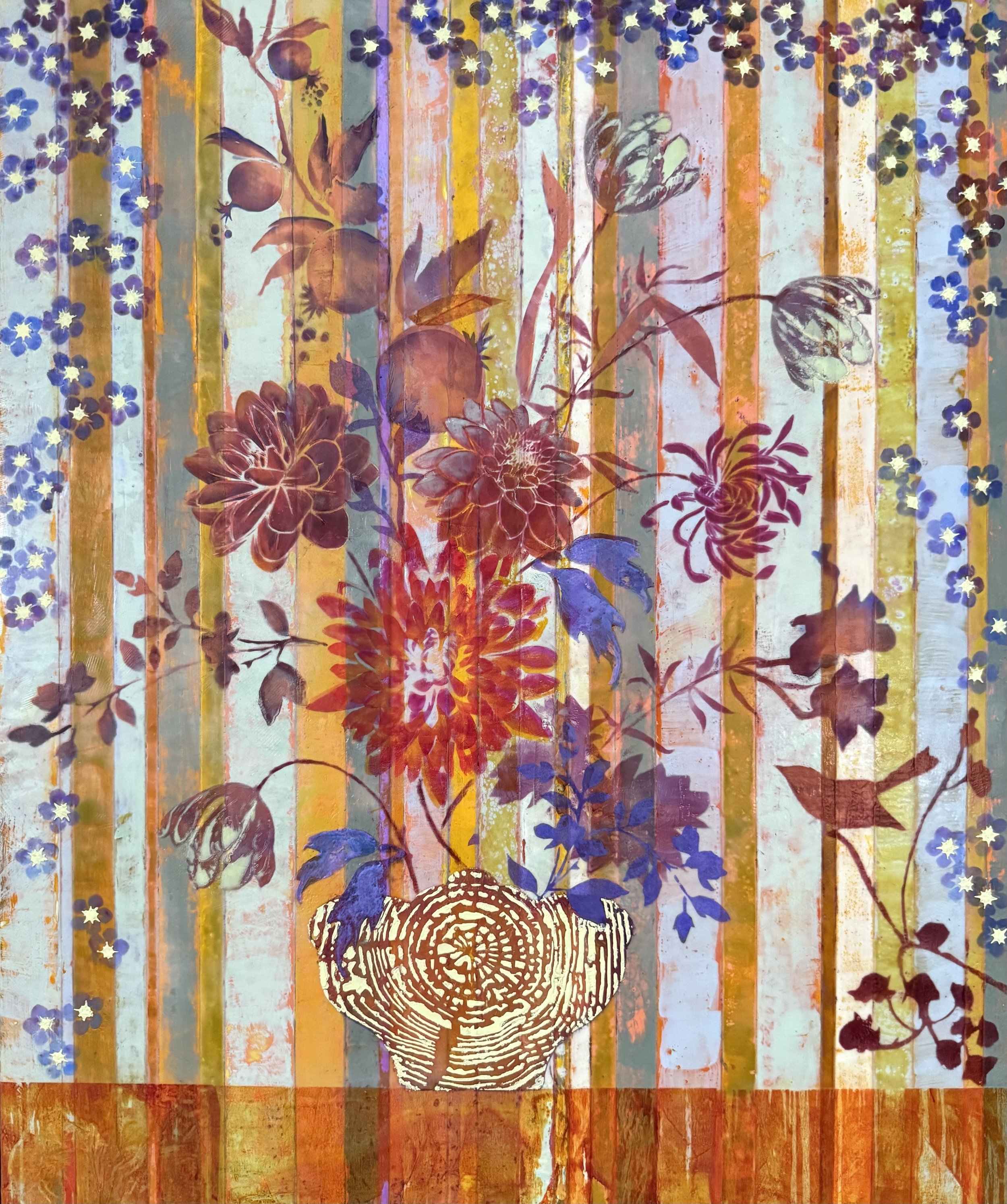 Forget Me Not Bouquet, 2026, Encaustic, pastel, handmade waxed paper on wood panel, 36 x 30 inches