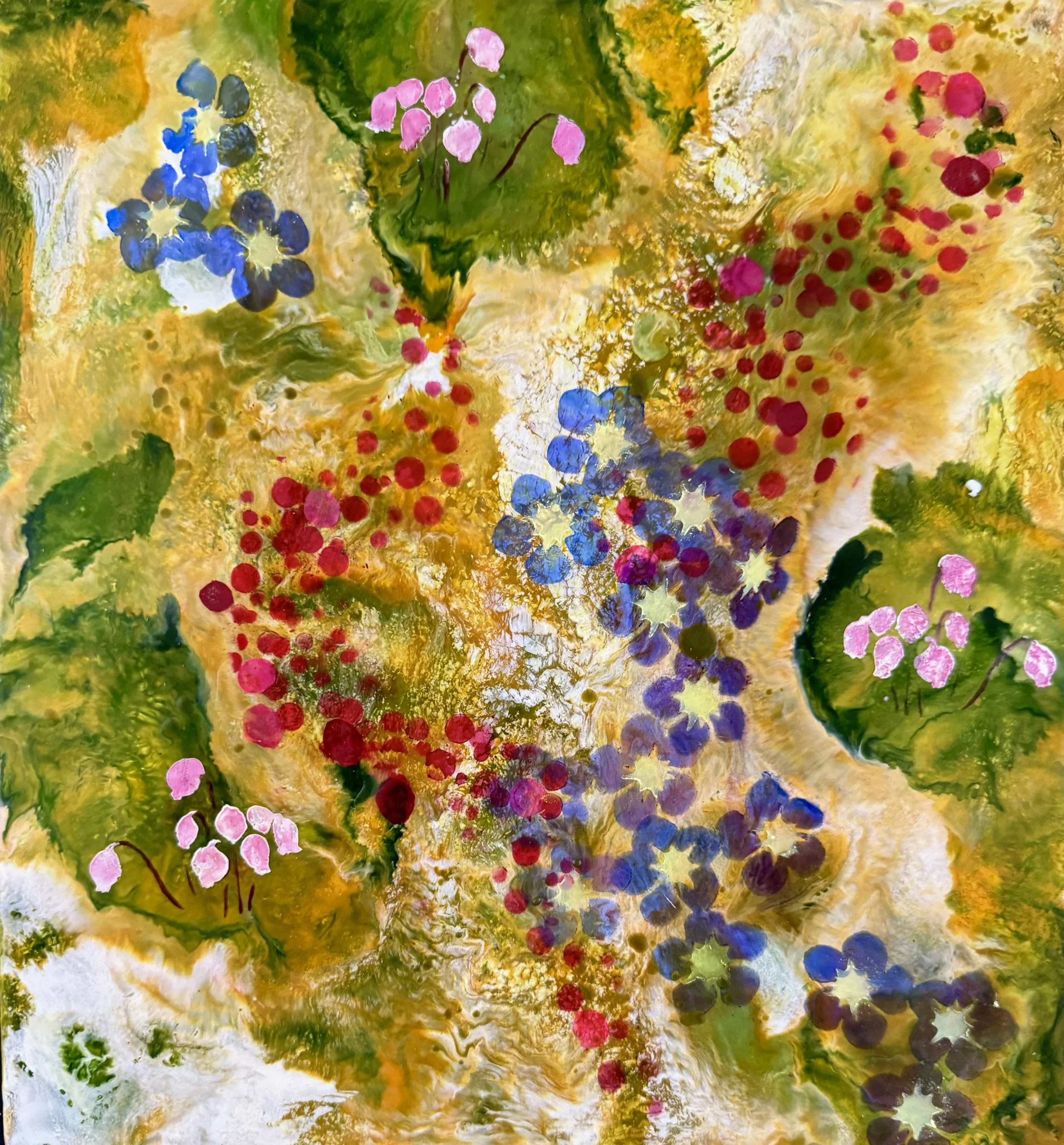 Mountain Heather and Forget Me Nots, 2026, Encaustic, pastel on wood panel, 12 x 12 inches