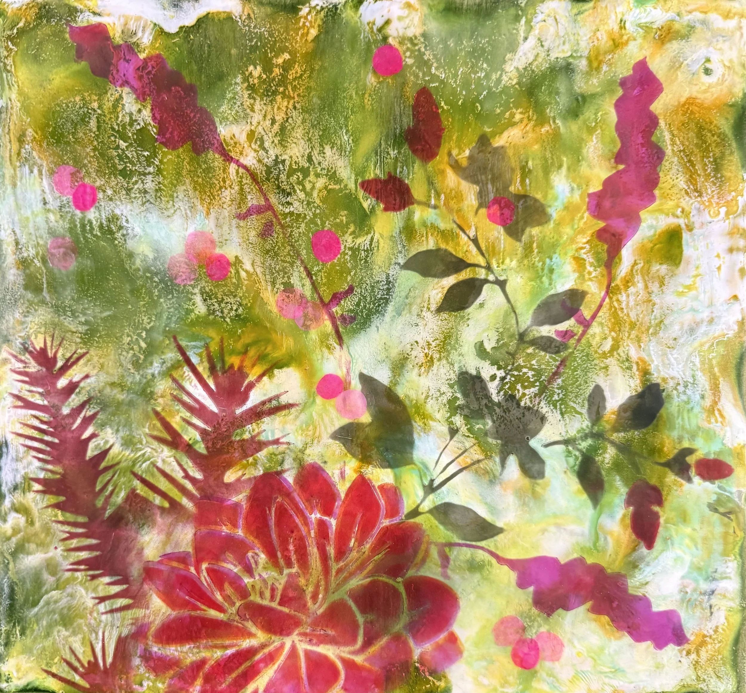 Pink and Green Bouquet, 2026, Encaustic, pastel, handmade waxed paper on wood panel, 12 x 12 inches