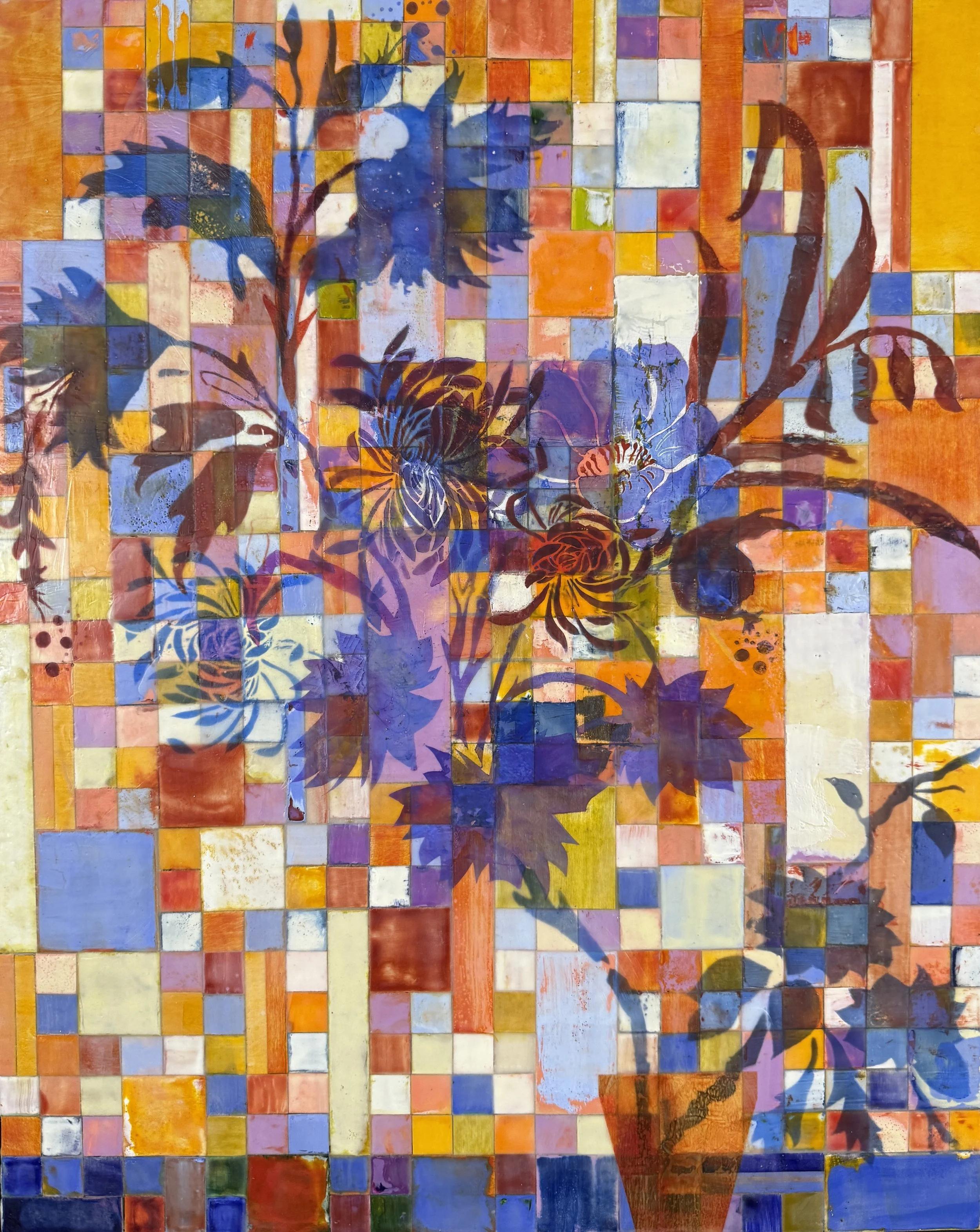 Spring Solstice Bouquet, 2025, Encaustic, pastel, handmade waxed paper on wood panel, 30 x 24 inches