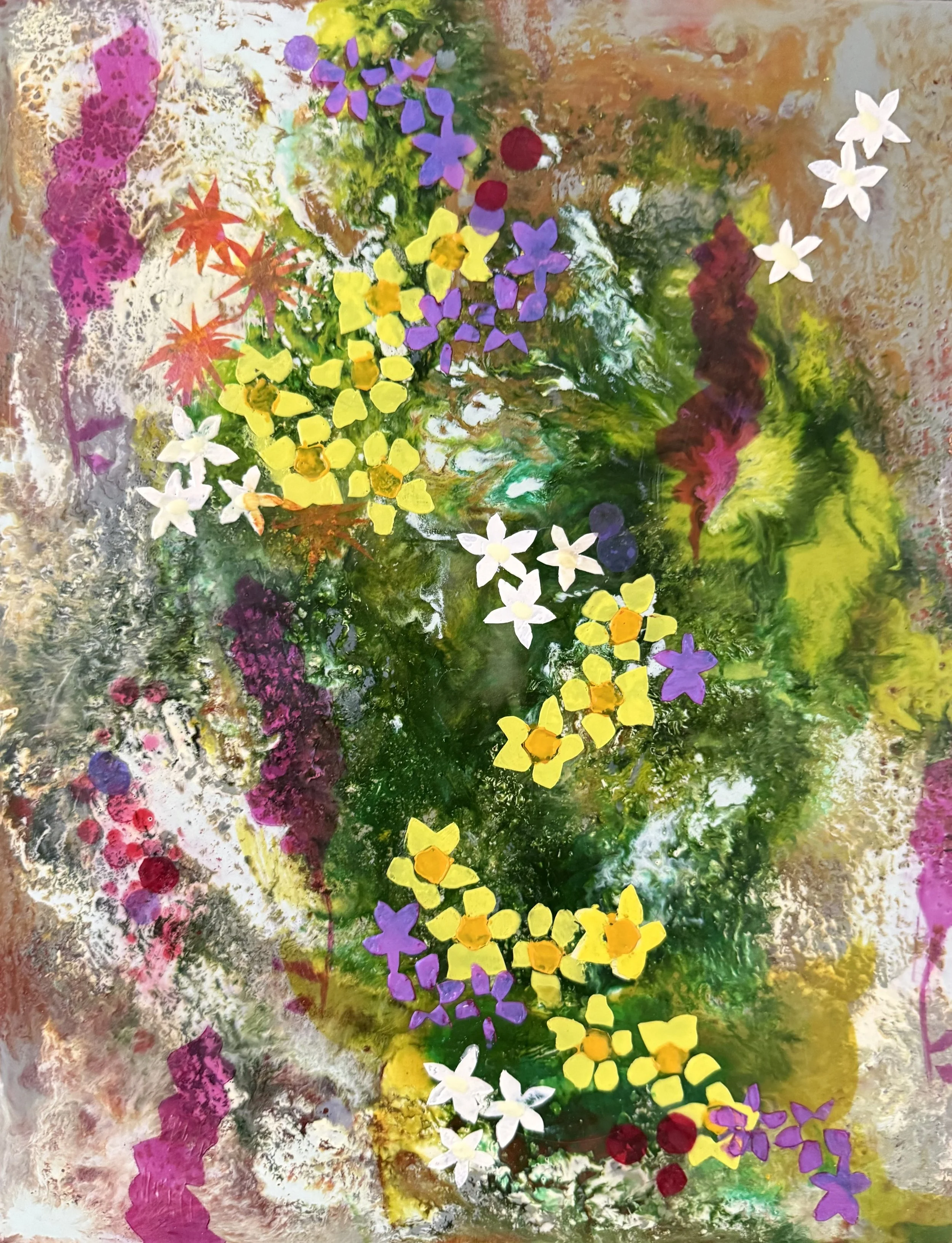 Potentilla and Friends, 2026, Encaustic, pastel, handmade wax paper on wood panel, 14 x 11 inches