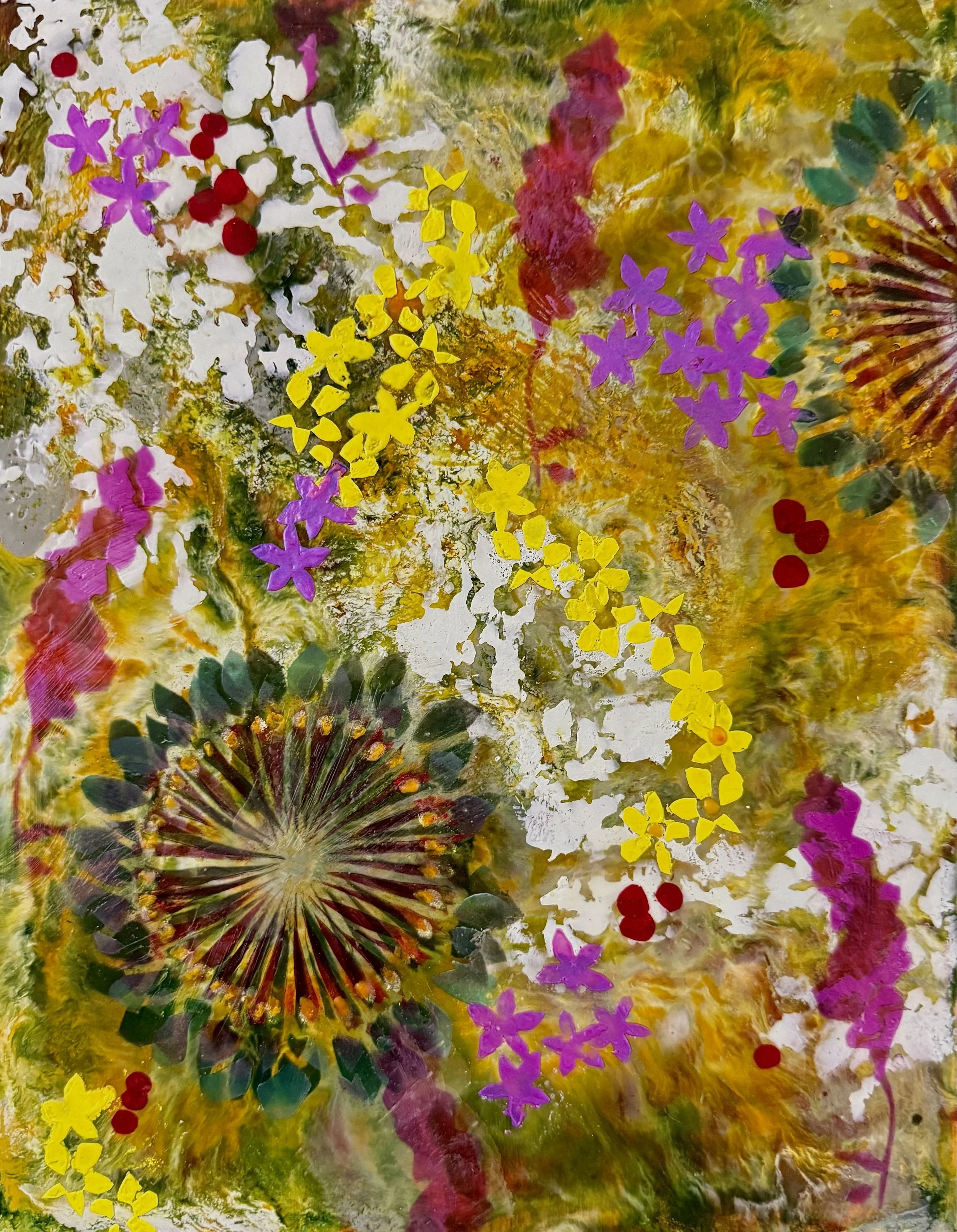 Tundra Pinwheels, 2026, Encaustic, pastel, handmade wax paper on wood panel, 14 x 11 inches