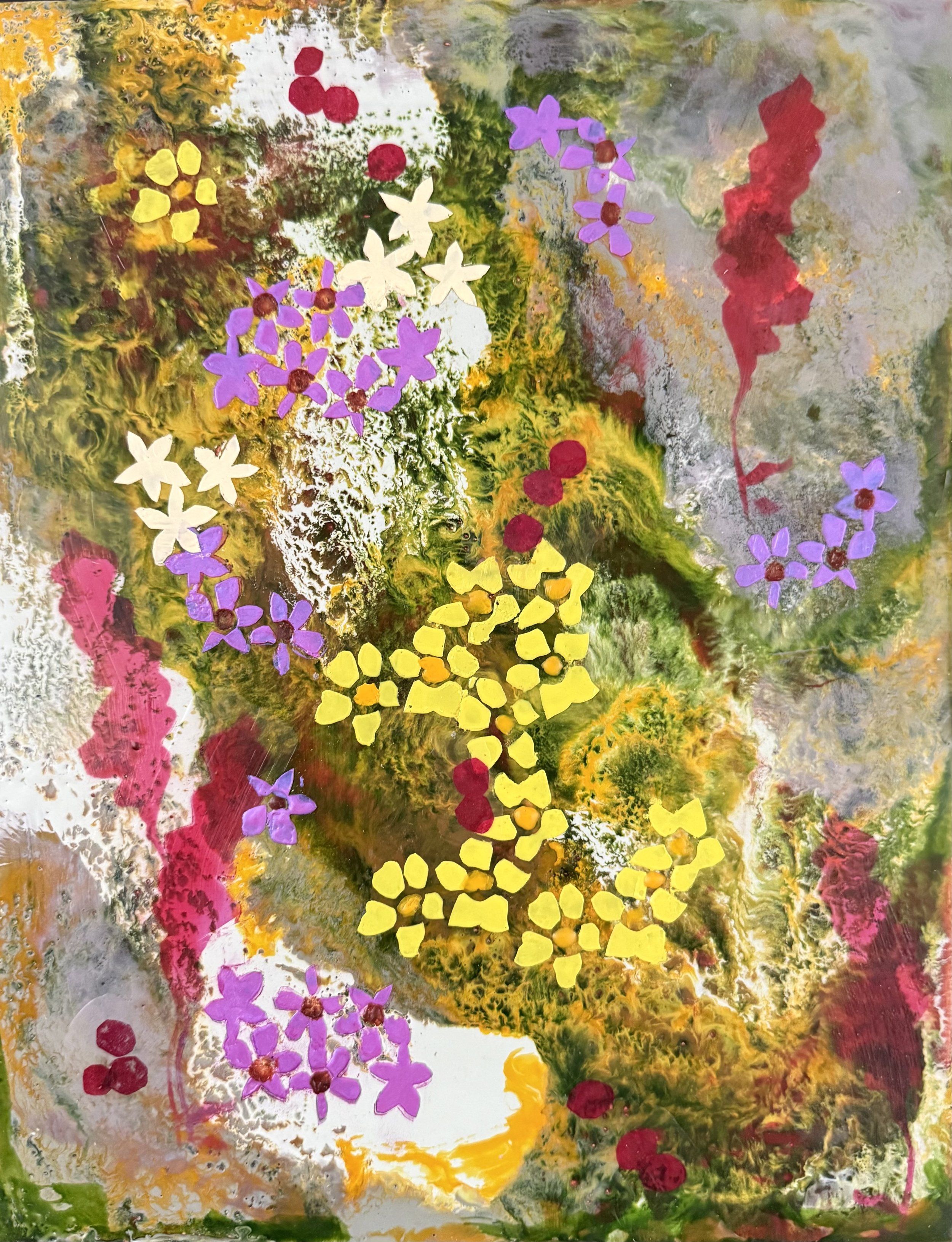 Tundra Garden, 2026, Encaustic, pastel, handmade wax paper on wood panel, 14 x 11 inches