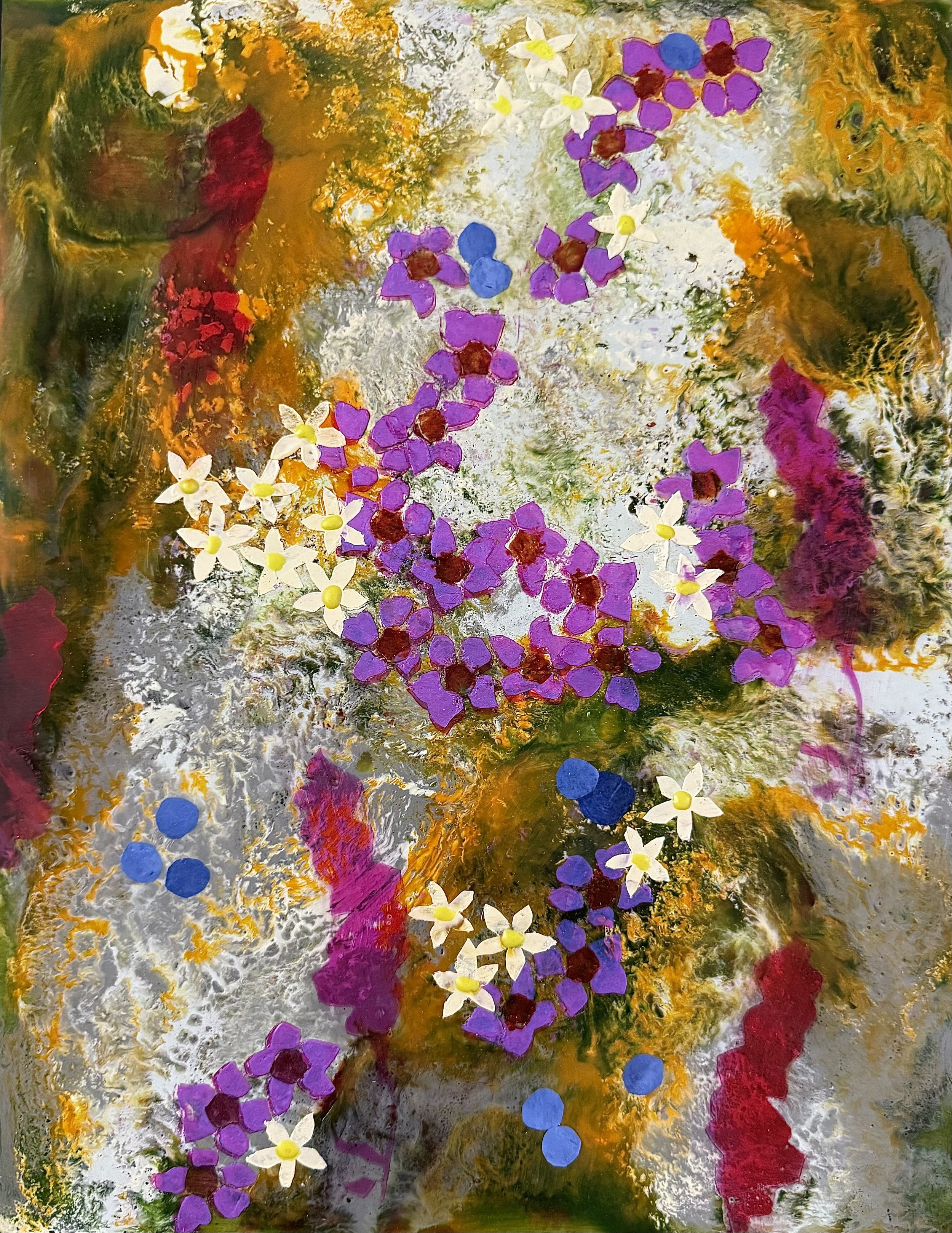 Saxifrage, 2026, Encaustic, pastel, handmade wax paper on wood panel, 14 x 11 inches