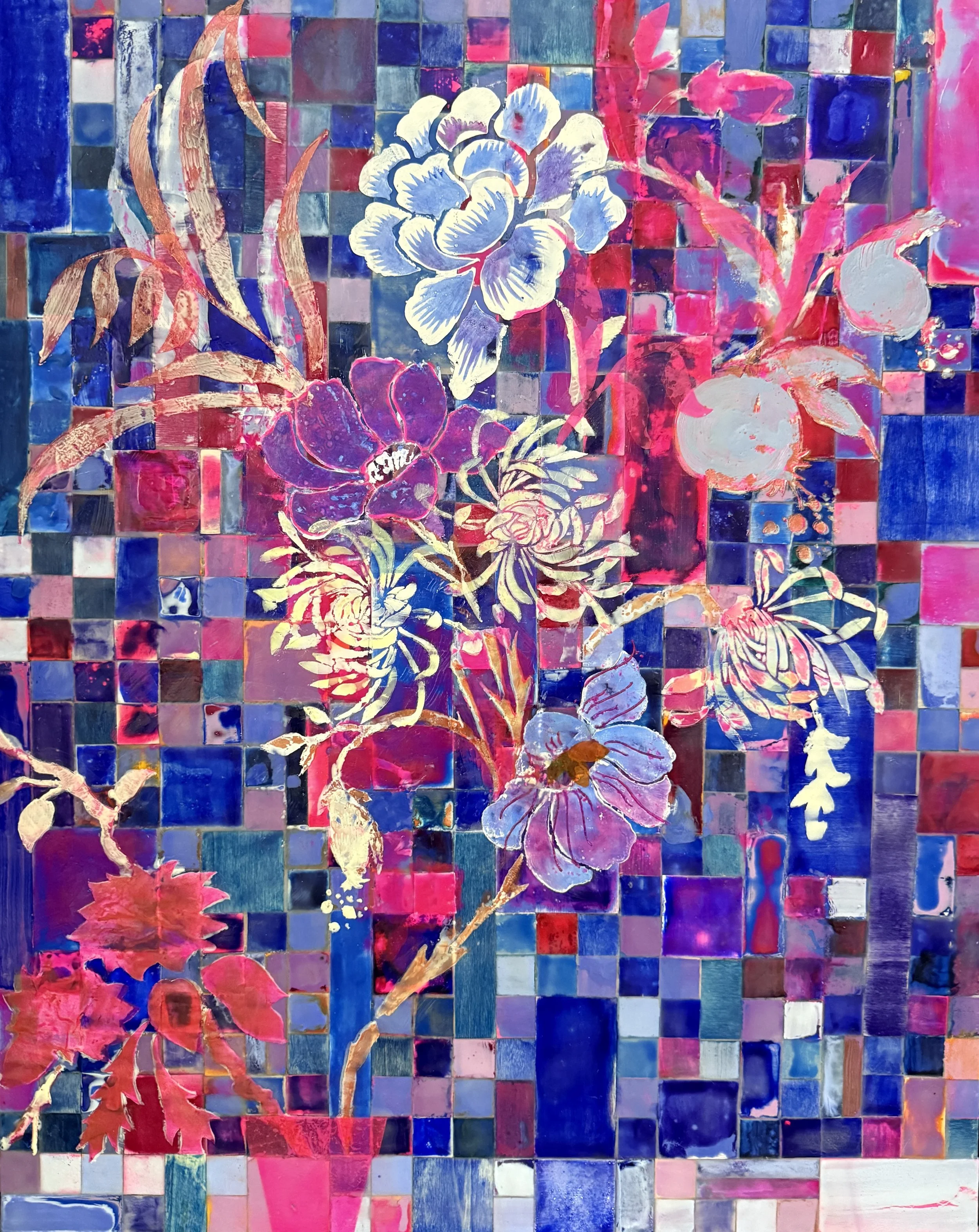 Winter Solstice Bouquet, 2025, Encaustic, pastel, handmade waxed paper on wood panel, 30 x 24 inches