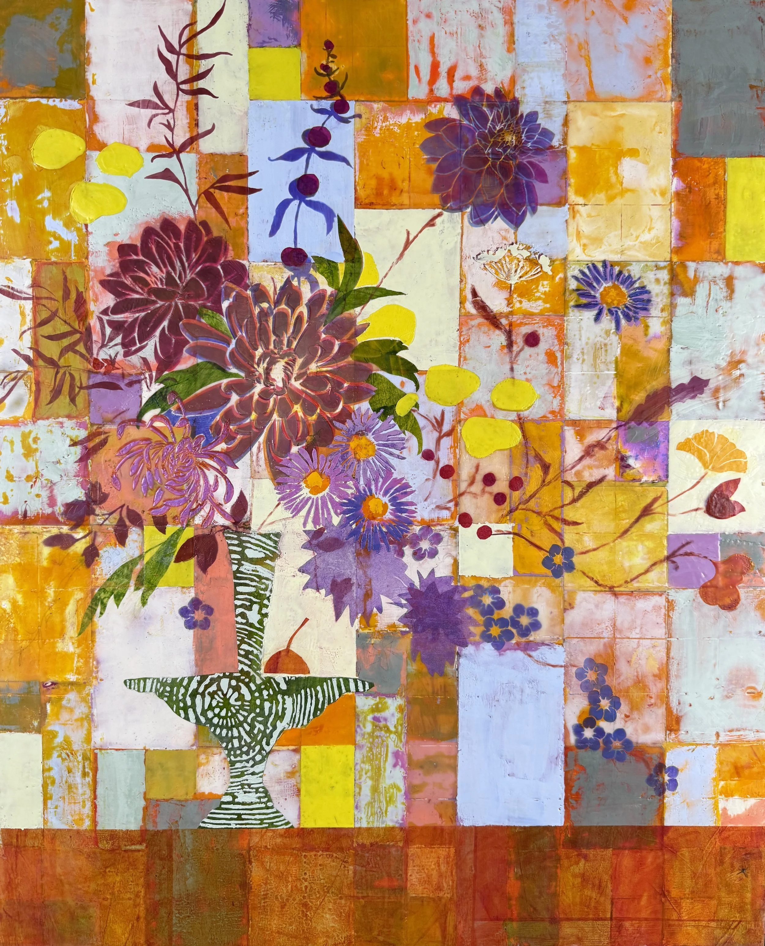 Sanguine Bouquet, 2026, Encaustic, pastel, handmade waxed paper on wood panel, 36 x 30 inches