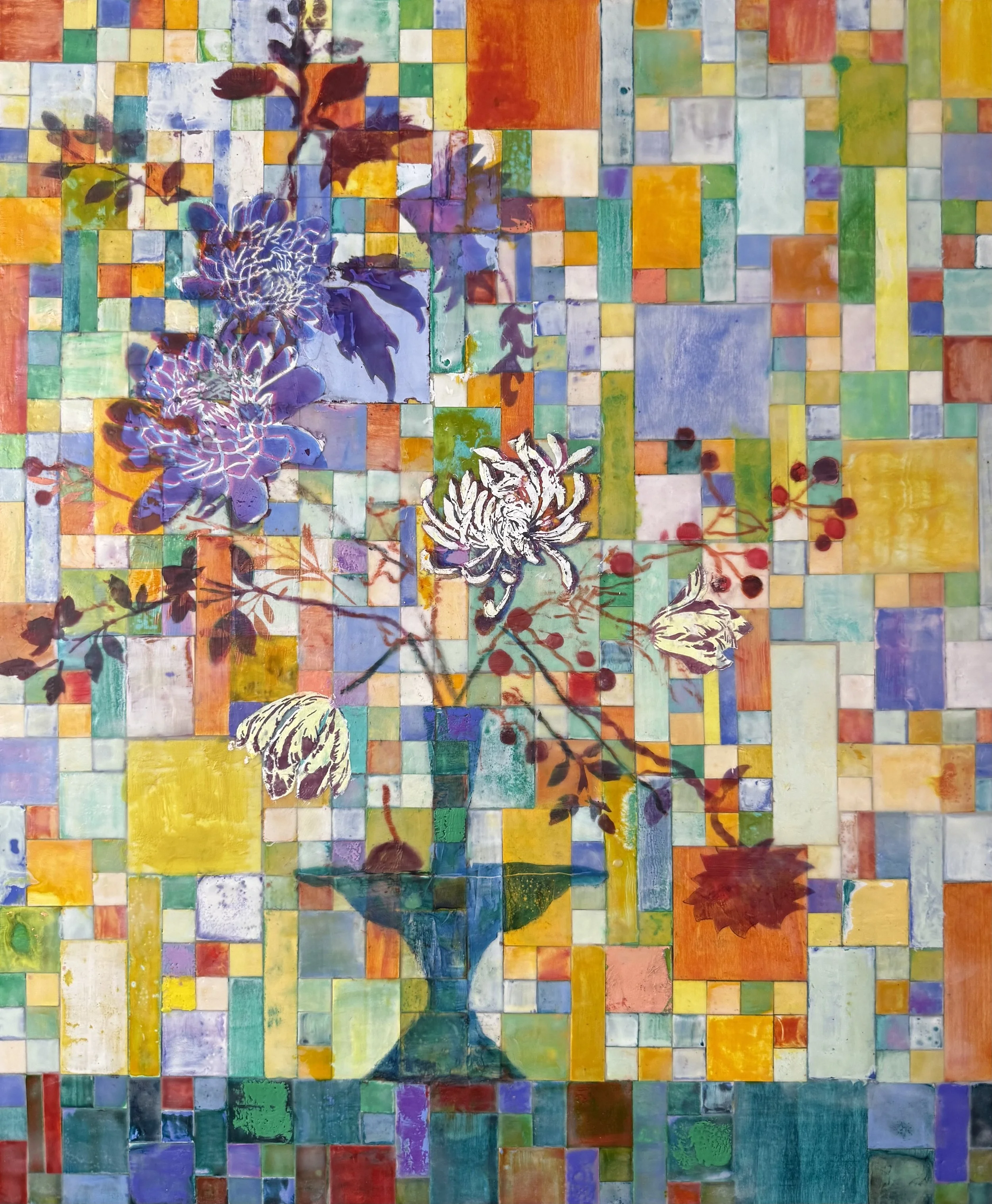 The First Bouquet, 2025, Encaustic, pastel, handmade waxed paper on wood panel, 36 x 30 inches