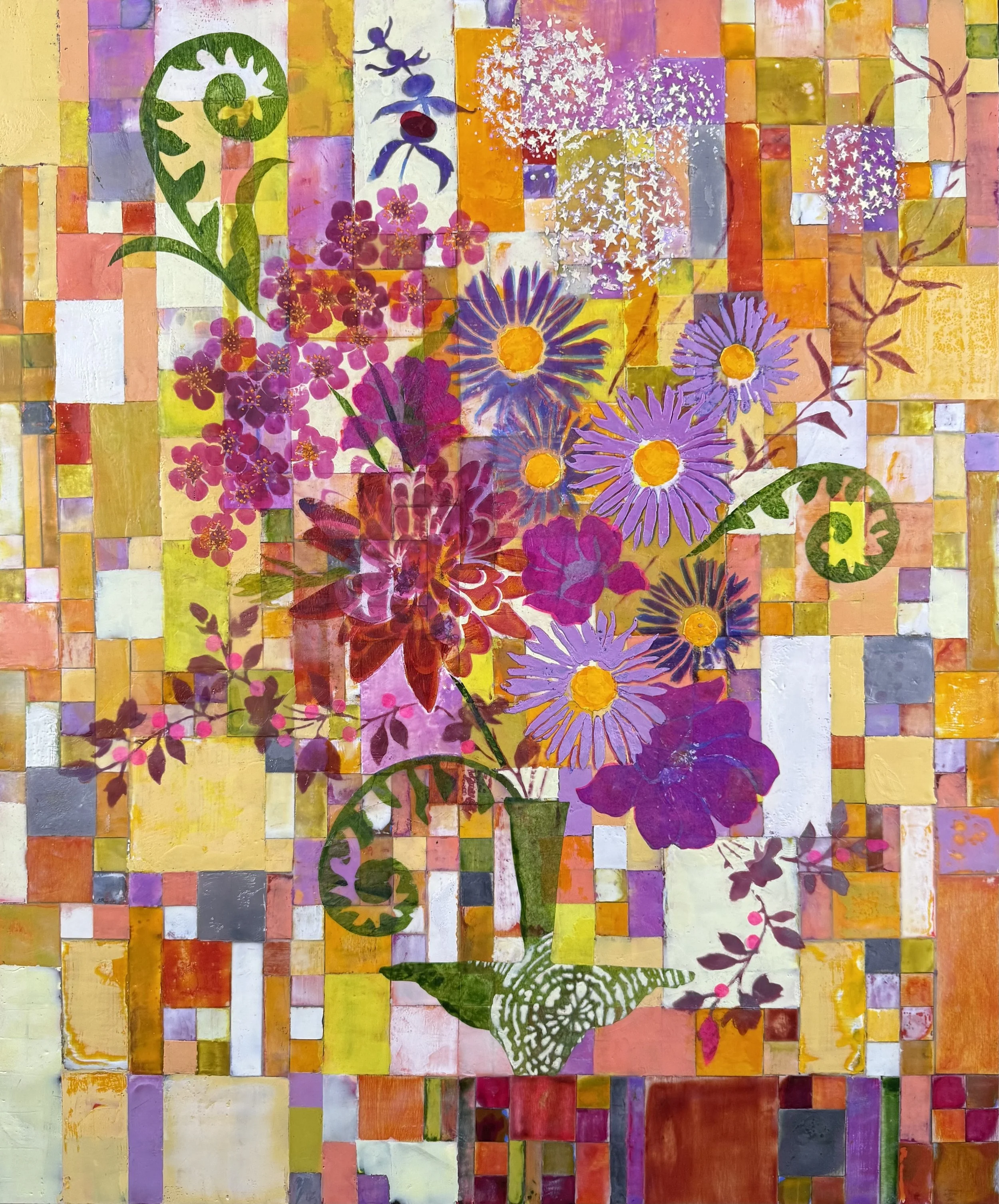 Cultivating Optimism Bouquet, 36x30" encaustic, pastel, handmade wax paper on wood panel