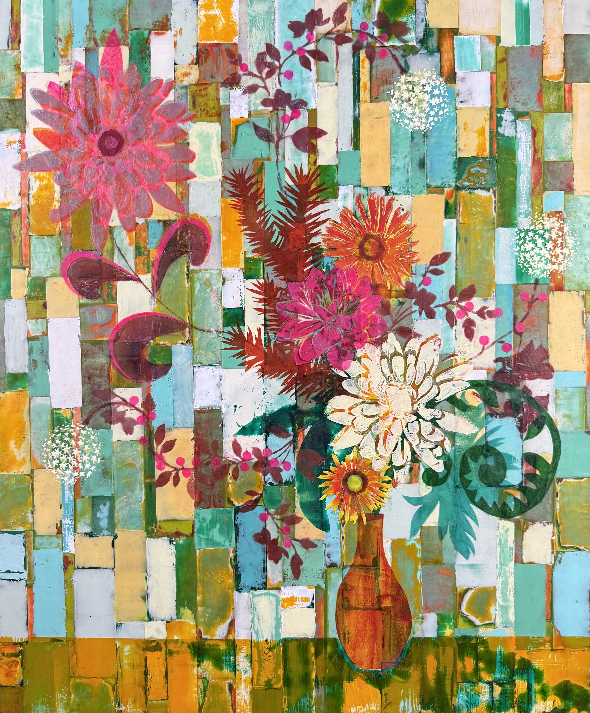 Hot Flash Bouquet, 2026, Encaustic, pastel, handmade waxed paper on wood panel, 36 x 30 inches
