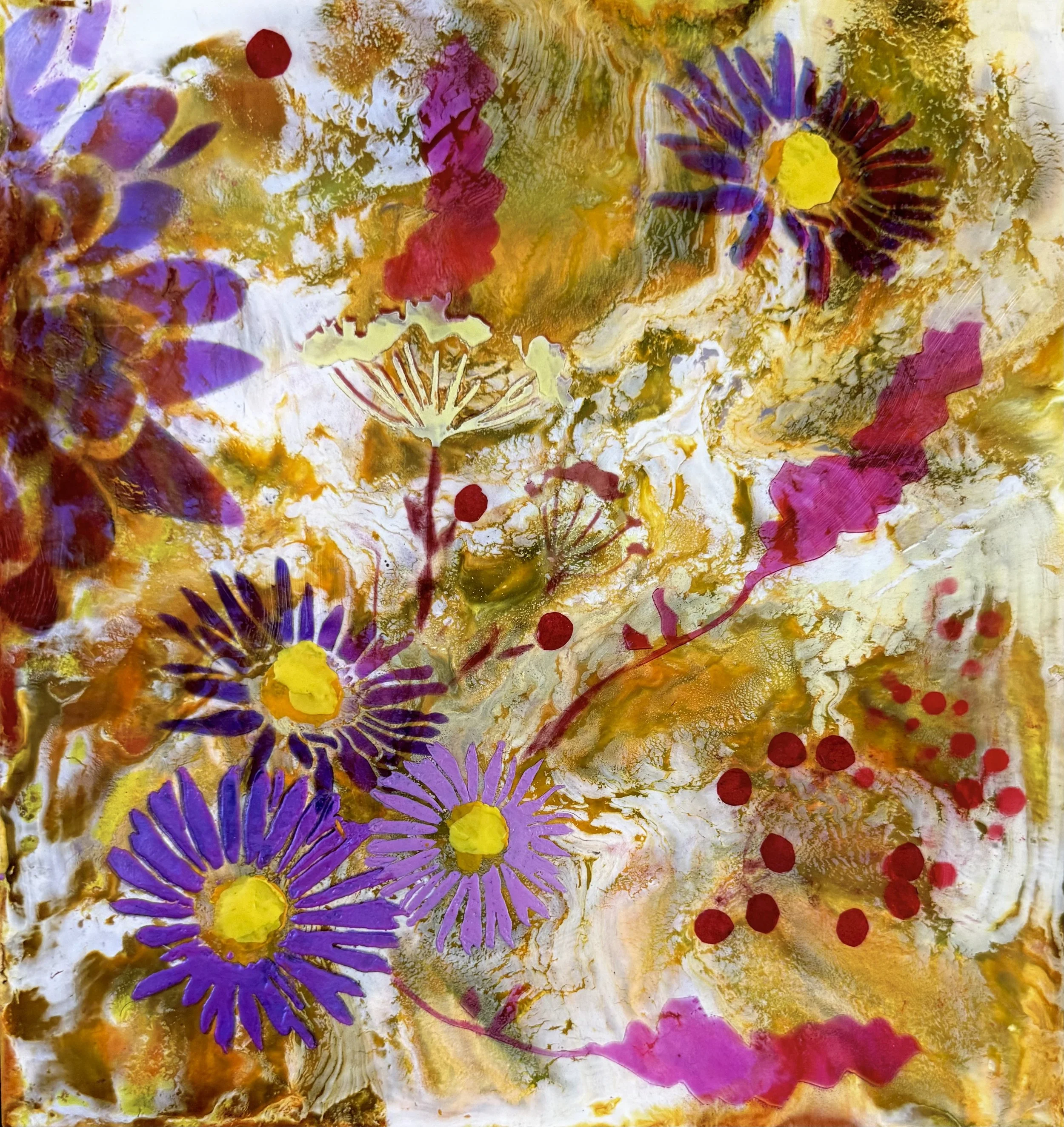 Mountain Asters with Cranberries, 2026, Encaustic, pastel, handmade wax paper on wood panel, 12 x 12 inches