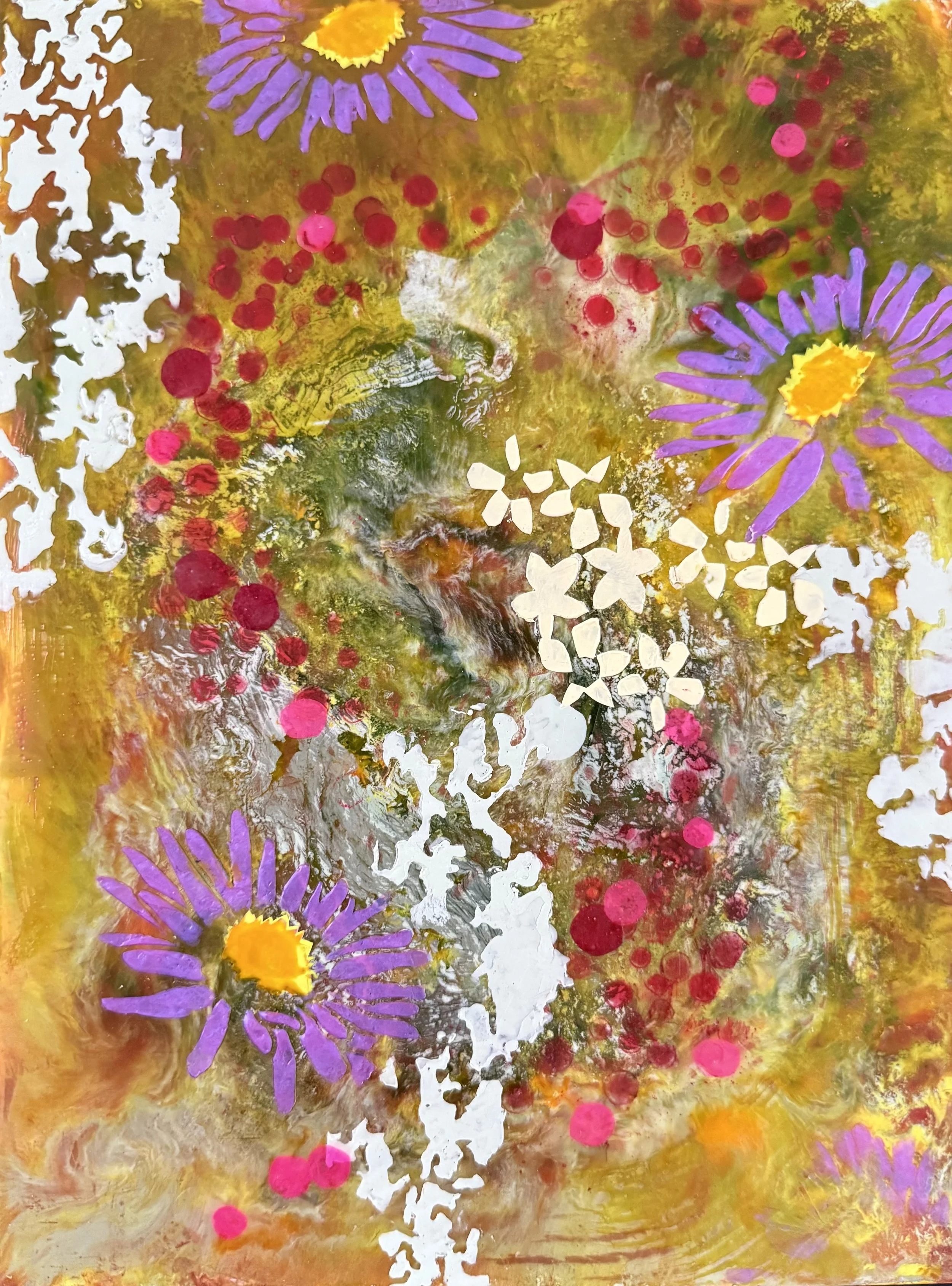 Cranberry/Aster Swirl, 2026, Encaustic, pastel, handmade wax paper on wood panel 12 x 9 inches