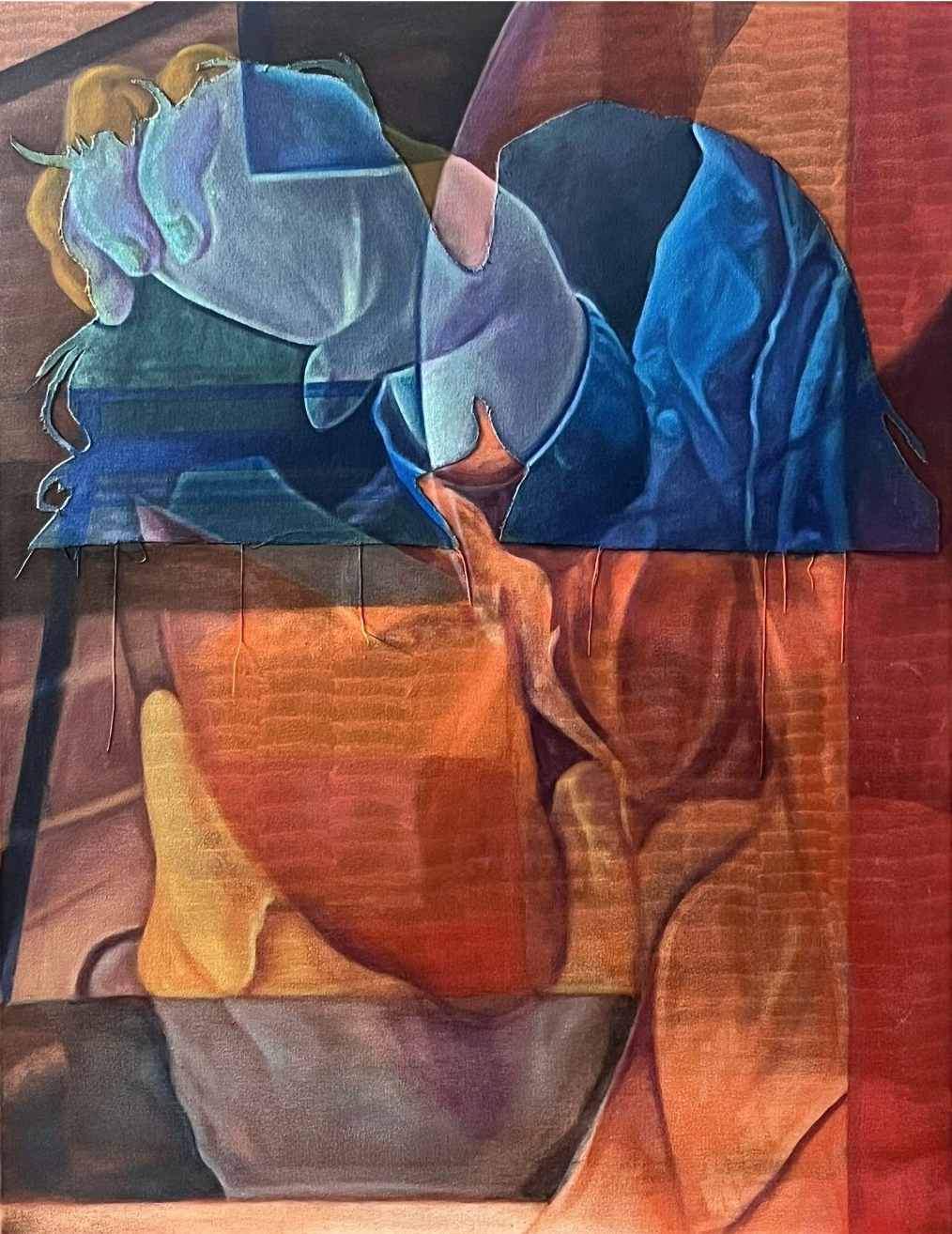"Passenger Seat Skyline", Oil, acrylic gel medium, and canvas cutouts, on canvas, 30" x 38"