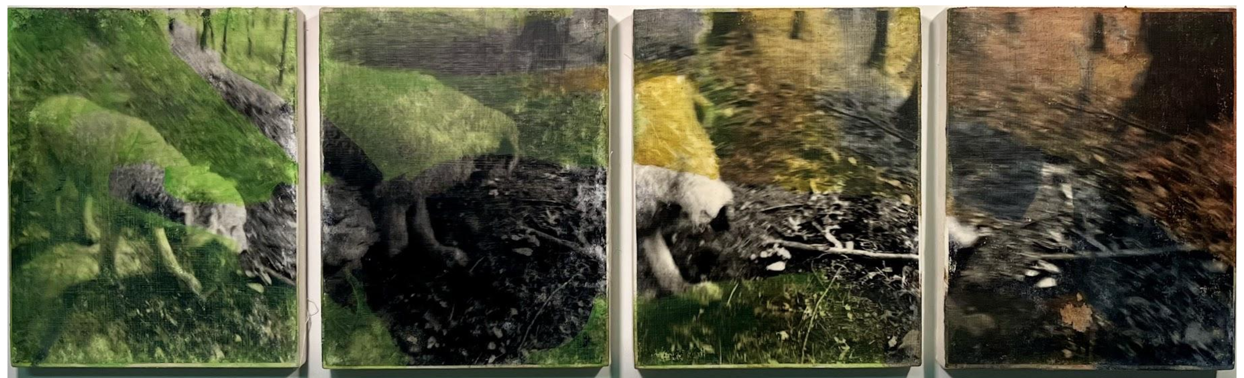 "Walk in the Woods with Ella and Liam", inkjet image transfer, acrylic medium, and oil on four wood panels, 43" x 8"