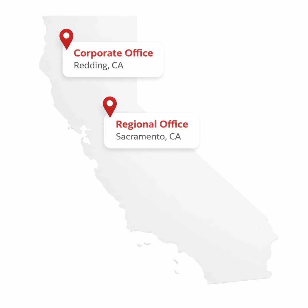 California coverage map showing Legal Photocopy Service corporate headquarters, Sacramento office, and regional litigation support hubs statewide