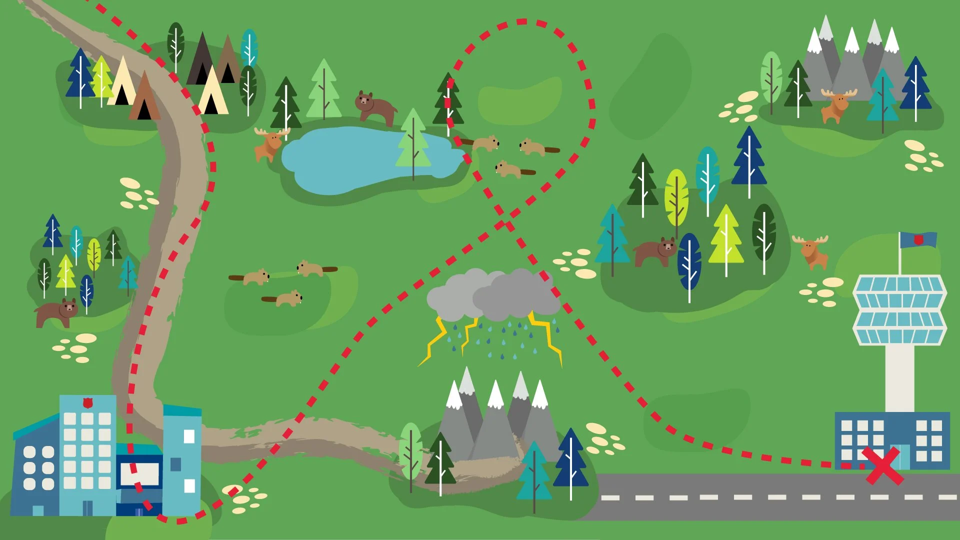 A picture of the wilderness map I made with a dotted path for the paper airplane animation to show at a meeting.