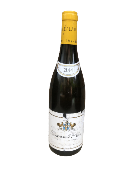 Bottle of Domaine Leflaive, Meursault 1er Cru Sous Dos d'Ane 2014, slightly damaged lable.