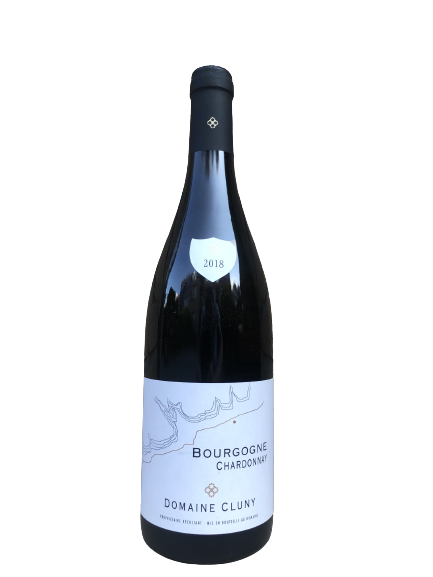 Bottle of Bourgogne Chardonnay from Domaine Cluny, 2018 vintage.