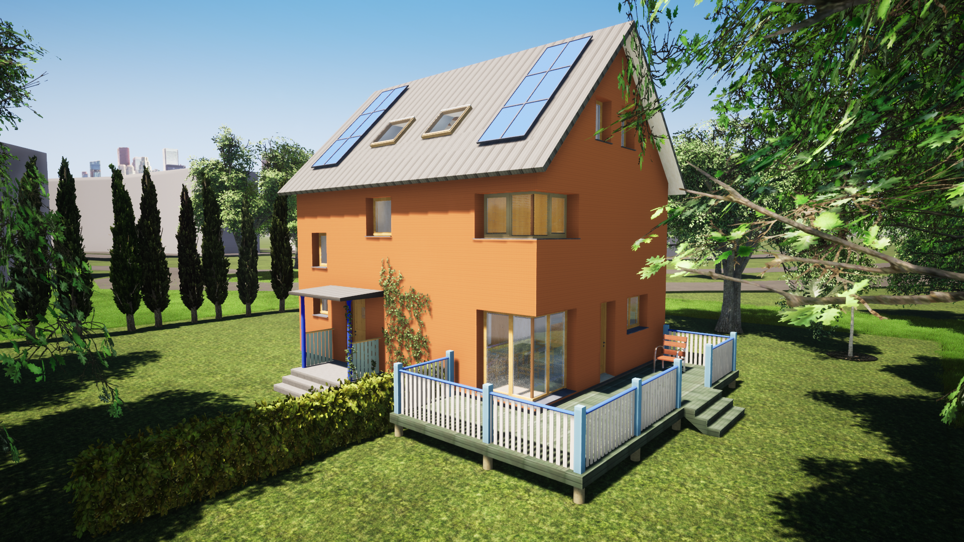 Modern wooden house with large glass window set in a mountainous landscape with grassy foreground and rugged mountain peaks in the background.