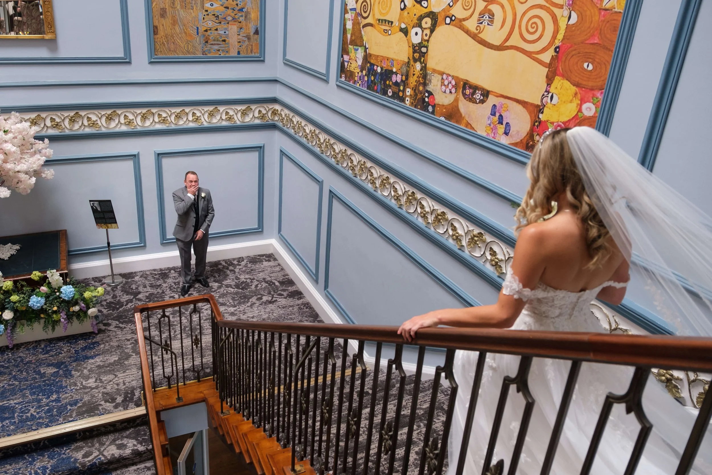 Shrigley Hall Wedding. Father and Daughter first look on the main staircase
