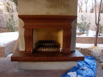 Colorado red sandstone fireplace.