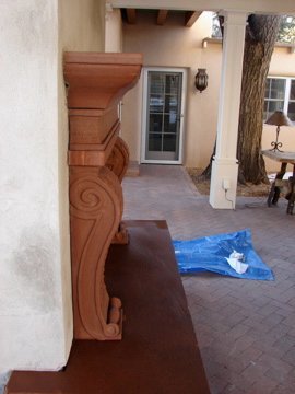 Side view of Colorado red sandstone fireplace.