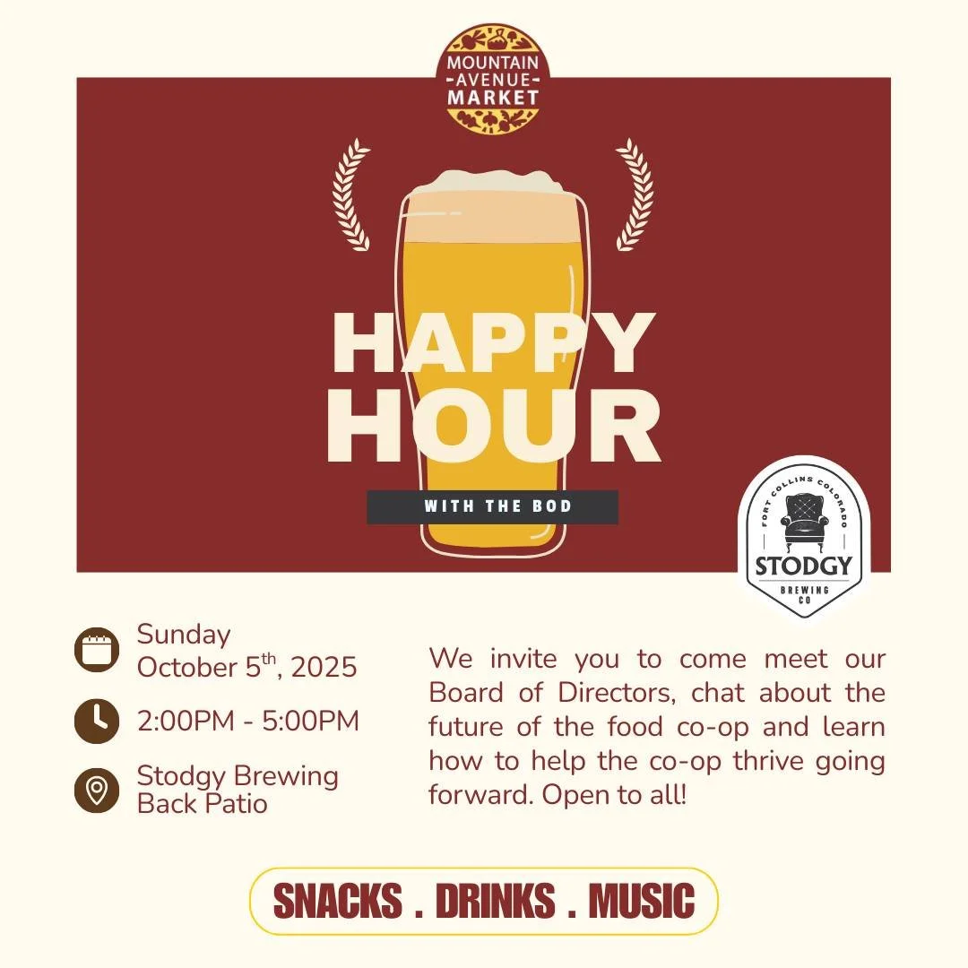 π Save the Date πΊ! Come join us Sunday, October 5th from 2-5PM @stodgybrewing to meet members of the board of directors, chat about the future of the food co-op and learn how you can be involved in our next chapter!