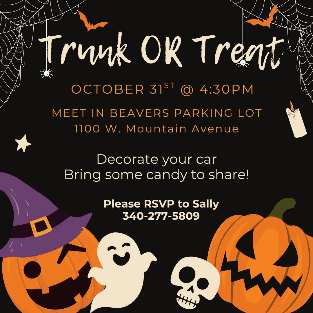 🎃 It's almost that time of year! 👻 If you want to participate in the Halloween fun, pass out candy and see all the amazing costumes 👹🥷👨&zwj;🚀👩&zwj;🚒 come to Trunk or Treat on October 31st in the Beavers parking lot! RSVP to Sally if you would