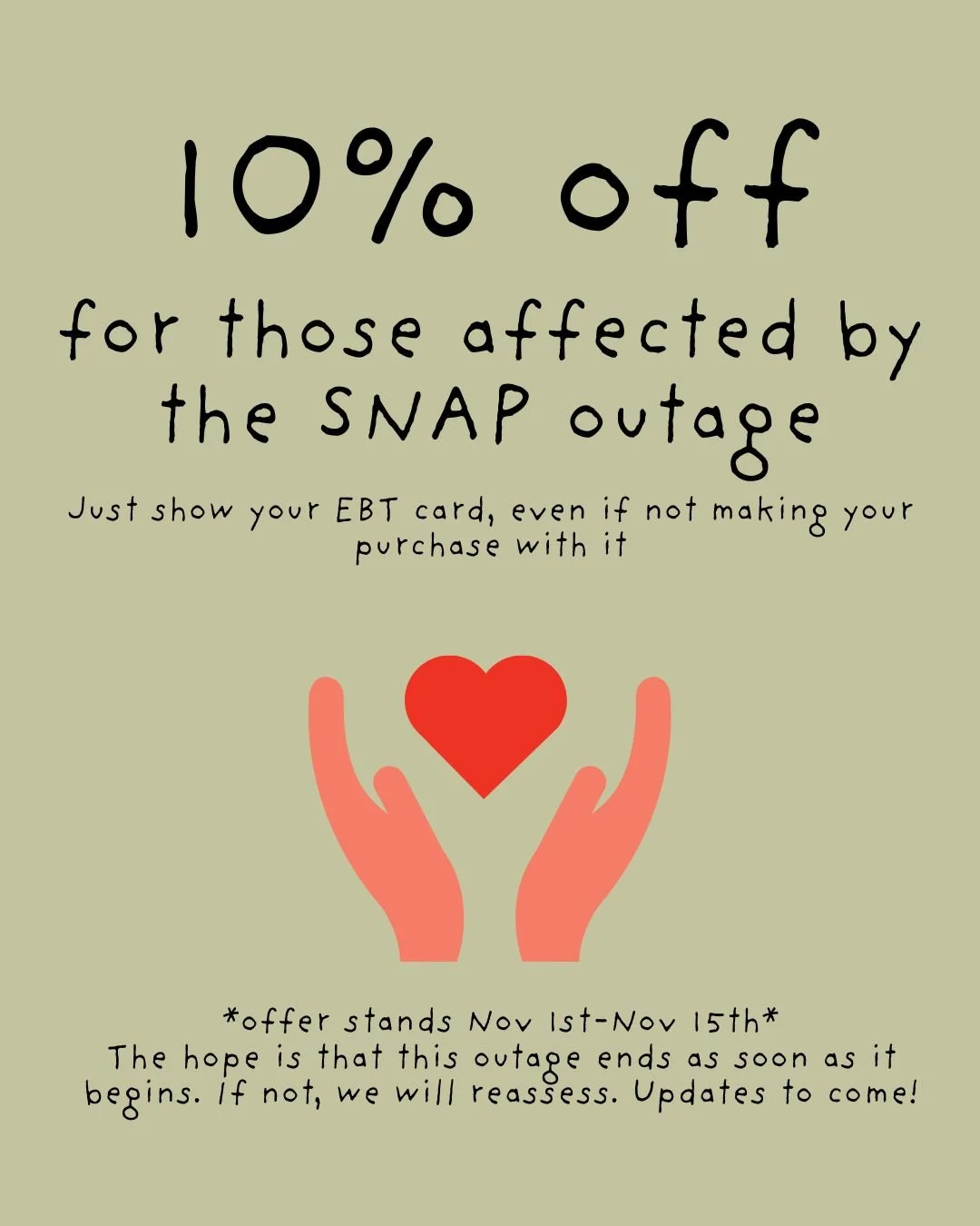 We know nothing can fill the gap left by the impending loss of SNAP. Together, we will navigate the uncertainty of what this means for our community. Here's where we're starting! Thanks for supporting us and in turn supporting your neighbors!