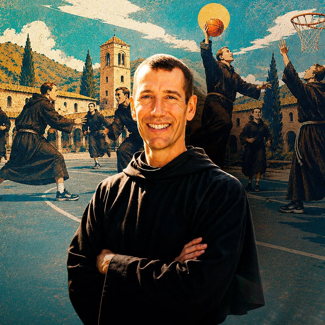 Fr. Paul wearing a black habit in front of an illustration of monks playing basketball