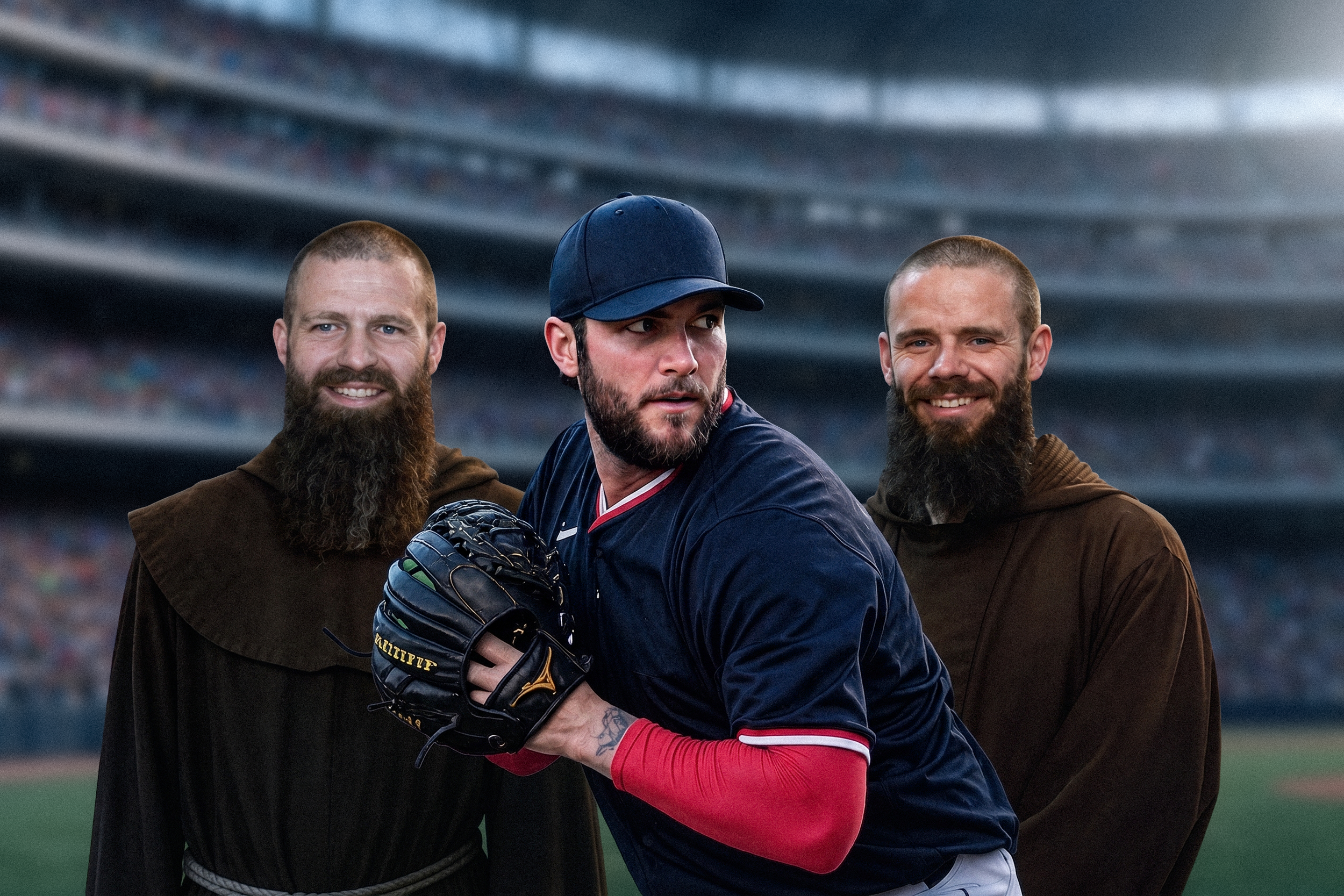 Fr. Matthias wearing a brown habit, Trevor Williams in a navy shirt and cap with baseball glove, and Fr. Michael wearing a brown habit