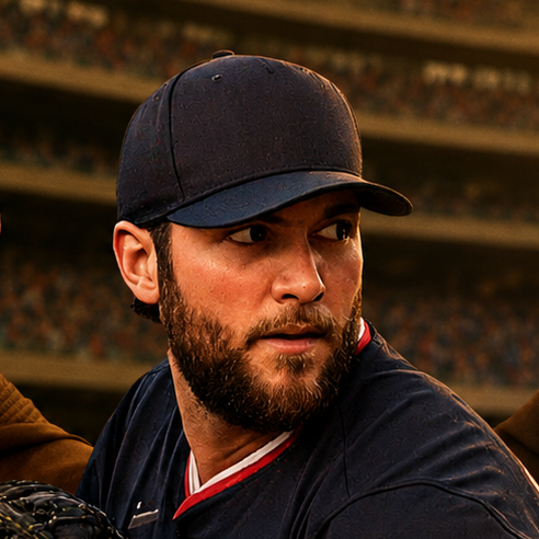 Man with beard wearing navy blue baseball cap