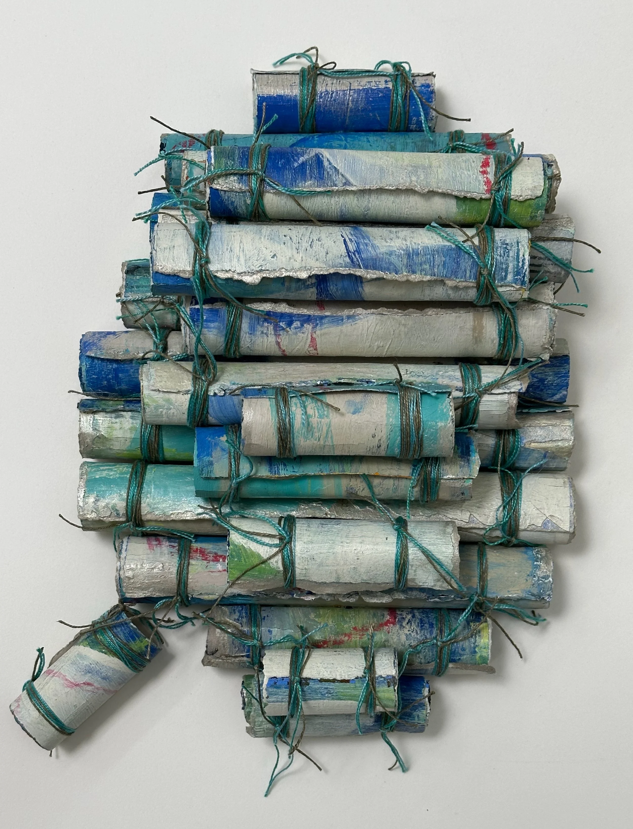 "David's Swedish Flag"
Oil on paper; gesso, linen&cotton threads, adhesive.
13" x 9 " x 3.5"