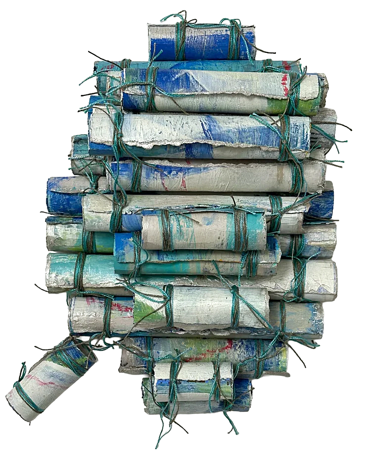 "David's Swedish Flag"
Oil on paper; gesso, linen&cotton threads, adhesive.
13" x 9 " x 3.5"
