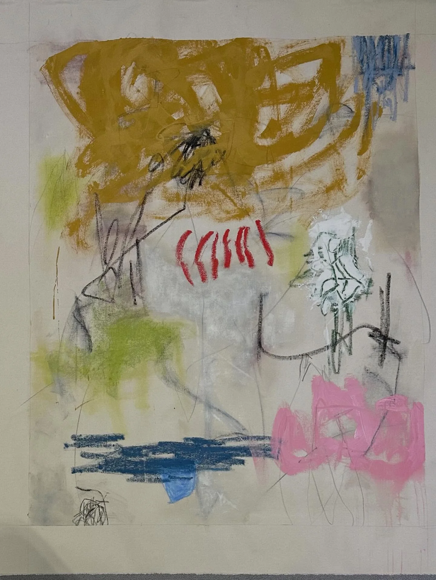 Acrylic, pencil, oil stick, oil pastel, chalk pastel, charcoal on unprimed canvas; 42 x 34.